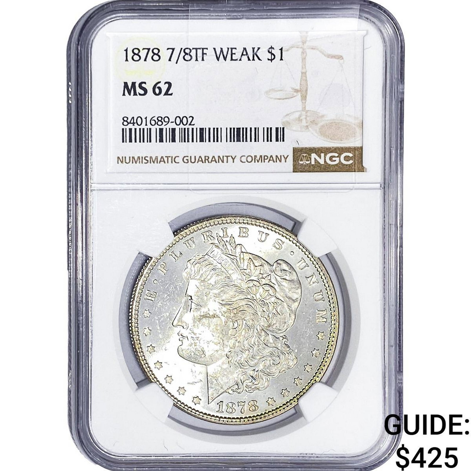 1878 7/8TF Morgan Silver Dollar NGC MS62: 1878 7/8TF Morgan Silver Dollar NGC MS62