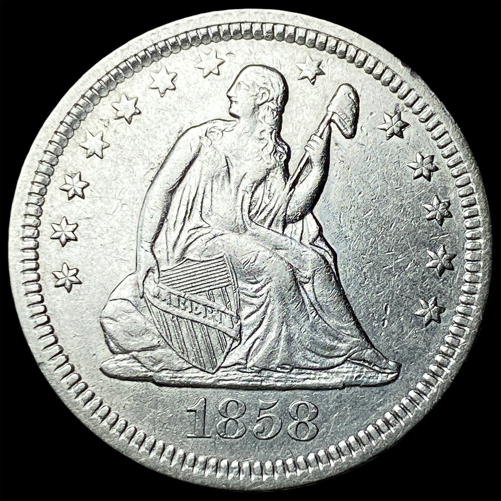 1858 Seated Liberty Quarter CLOSELY UNCIRCULATED: 1858 Seated Liberty Quarter CLOSELY UNCIRCULATED