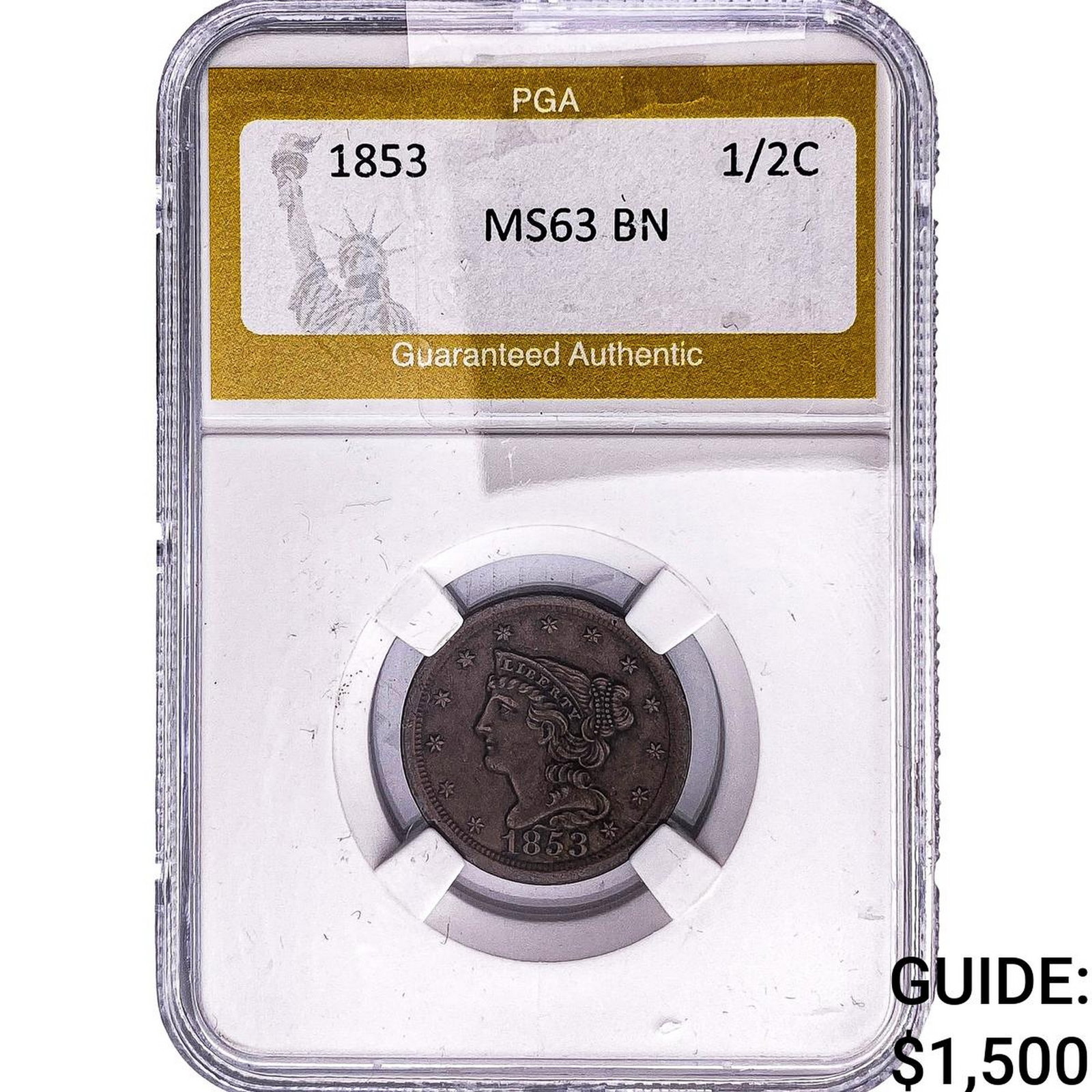 1853 Braided Hair Half Cent PGA MS63 BN: 1853 Braided Hair Half Cent PGA MS63 BN