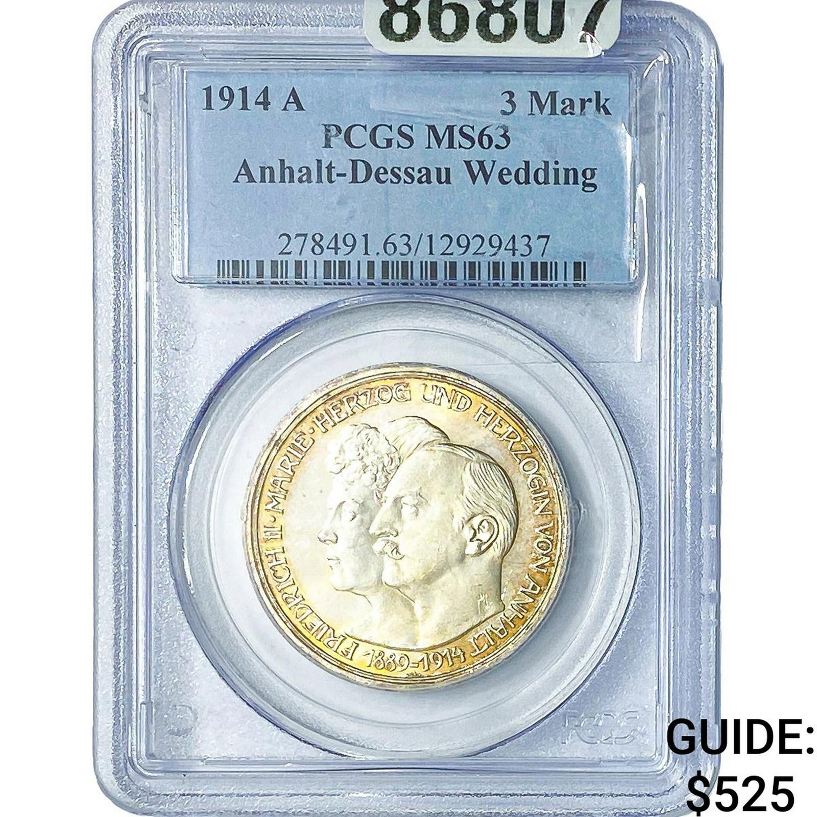1914 A Prussia Silver 3 Mark Anhalt-Dessau Wedding PCGS MS63: 1914 A Prussia Silver 3 Mark Anhalt-Dessau Wedding PCGS MS63