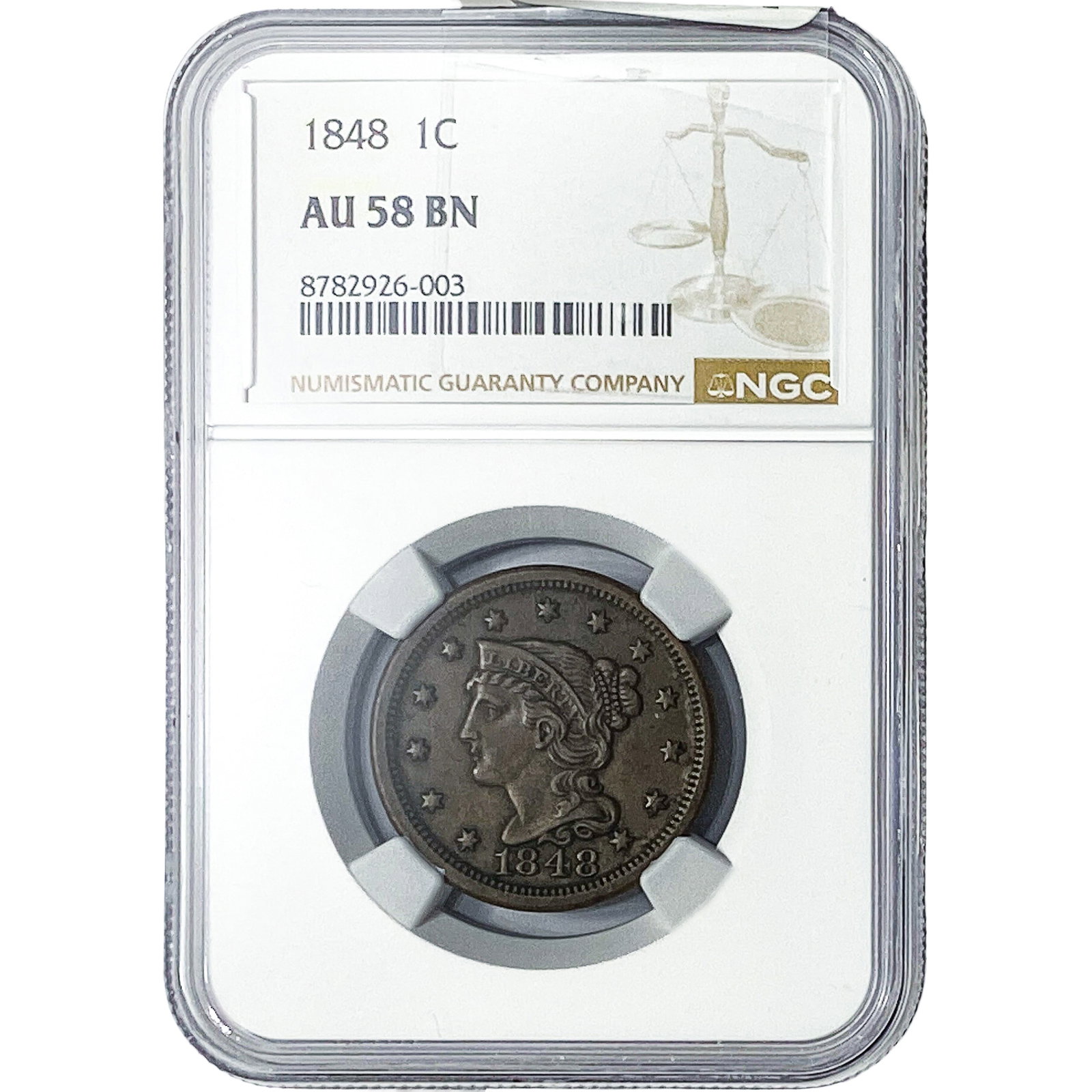 1848 Braided Hair Large Cent NGC AU58 BN: 1848 Braided Hair Large Cent NGC AU58 BN