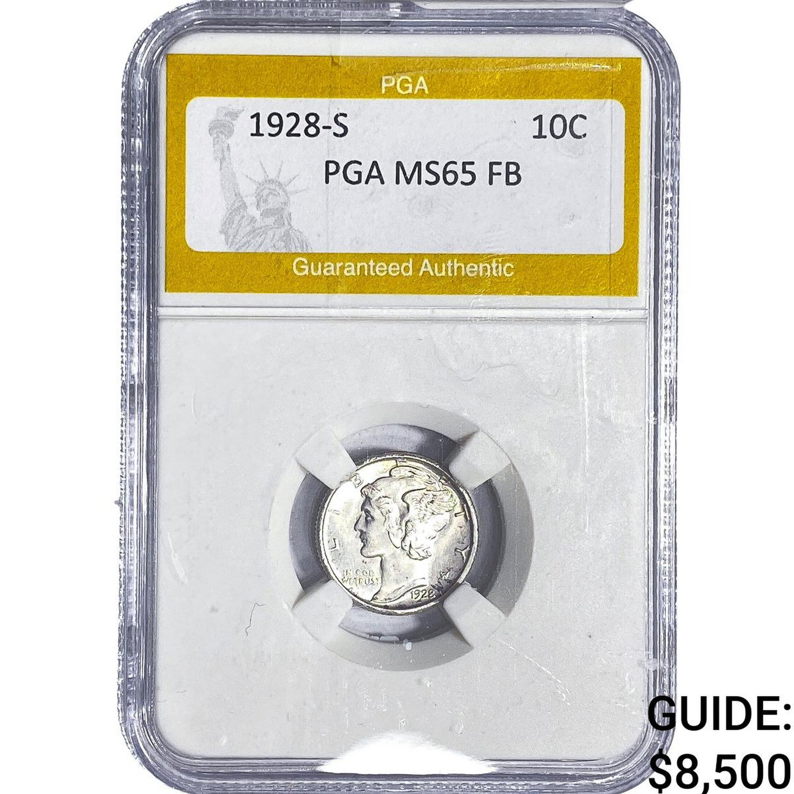 1928-S Mercury Silver Dime PGA MS65 FB: 1928-S Mercury Silver Dime PGA MS65 FB