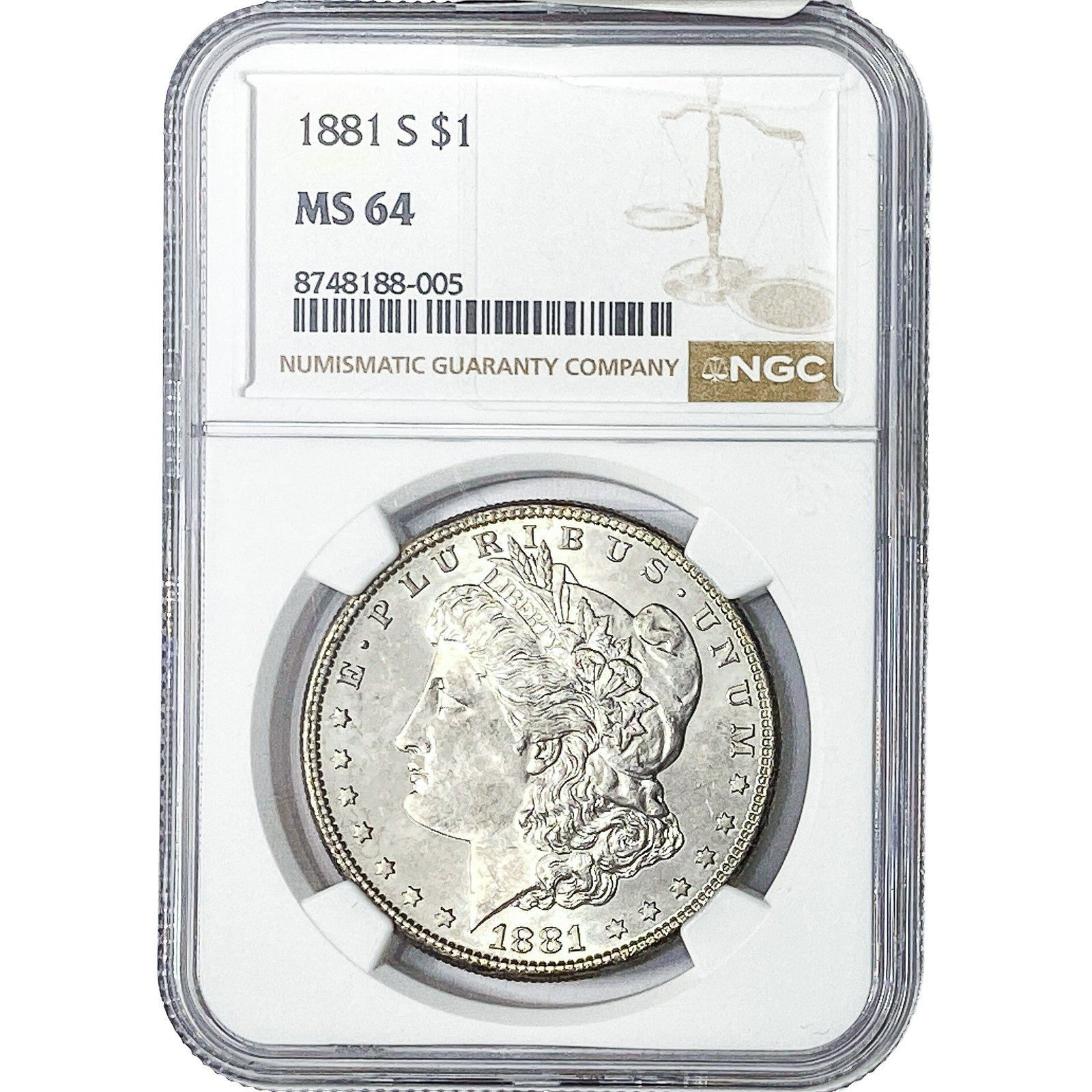 1881-S Morgan Silver Dollar NGC MS64: 1881-S Morgan Silver Dollar NGC MS64