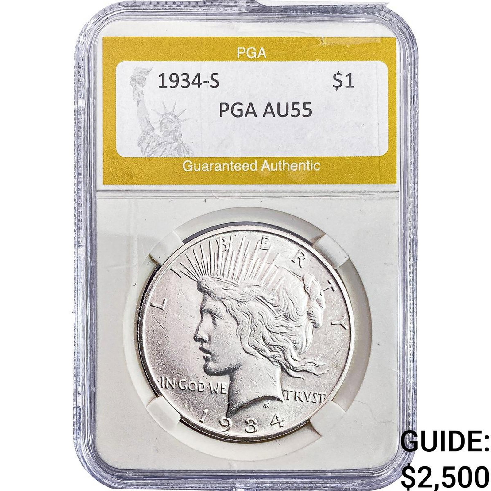 1934-S Silver Peace Dollar PGA AU55: 1934-S Silver Peace Dollar PGA AU55
