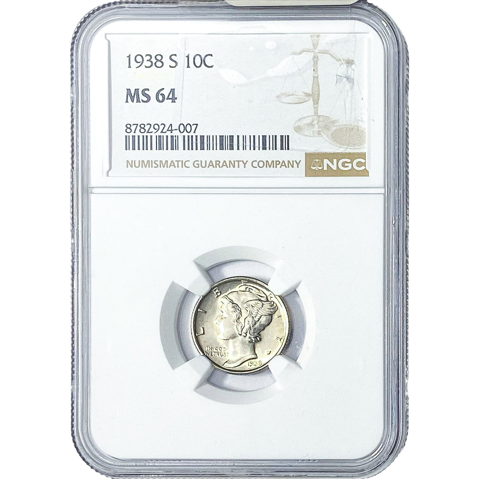 1938-S Mercury Silver Dime NGC MS64: 1938-S Mercury Silver Dime NGC MS64