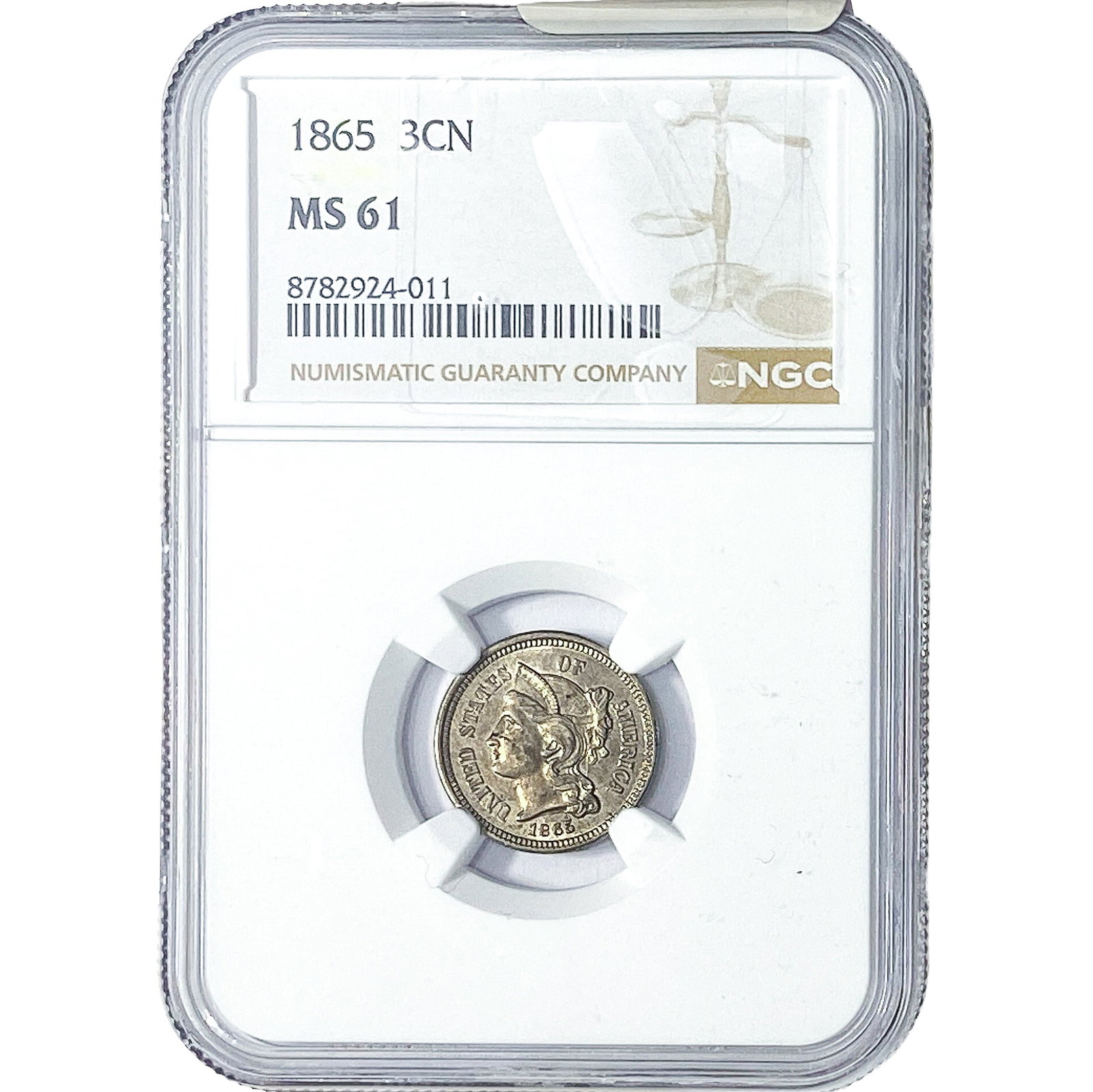 1865 Nickel Three Cent NGC MS61: 1865 Nickel Three Cent NGC MS61