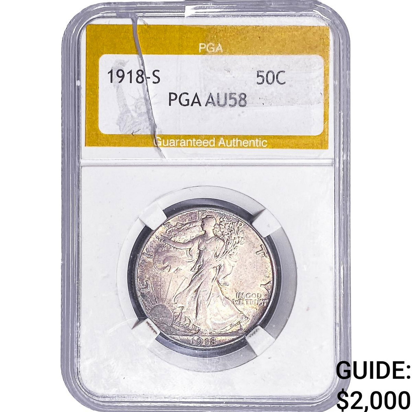 1918-S Walking Liberty Half Dollar PGA AU58: 1918-S Walking Liberty Half Dollar PGA AU58