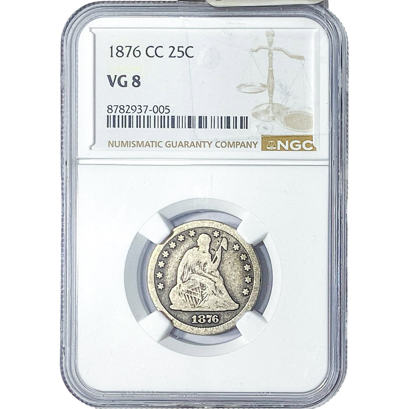 1876-CC Seated Liberty Quarter NGC VG8: 1876-CC Seated Liberty Quarter NGC VG8