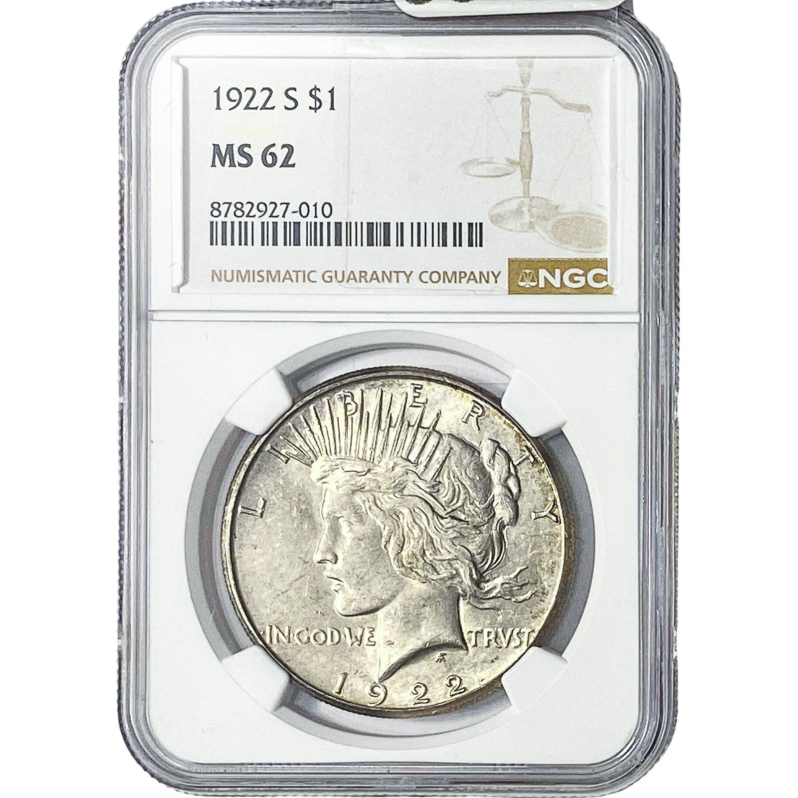 1922-S Silver Peace Dollar NGC MS62: 1922-S Silver Peace Dollar NGC MS62