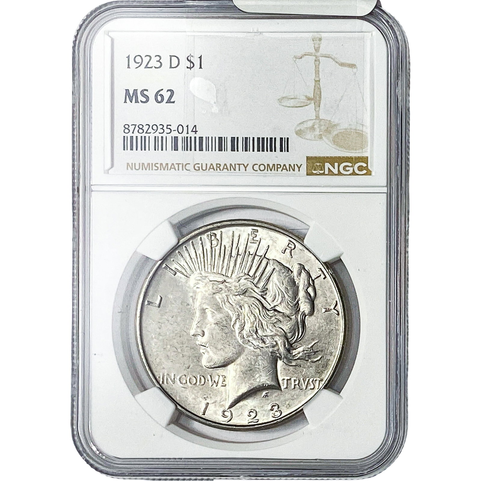 1923-D Silver Peace Dollar NGC MS62: 1923-D Silver Peace Dollar NGC MS62