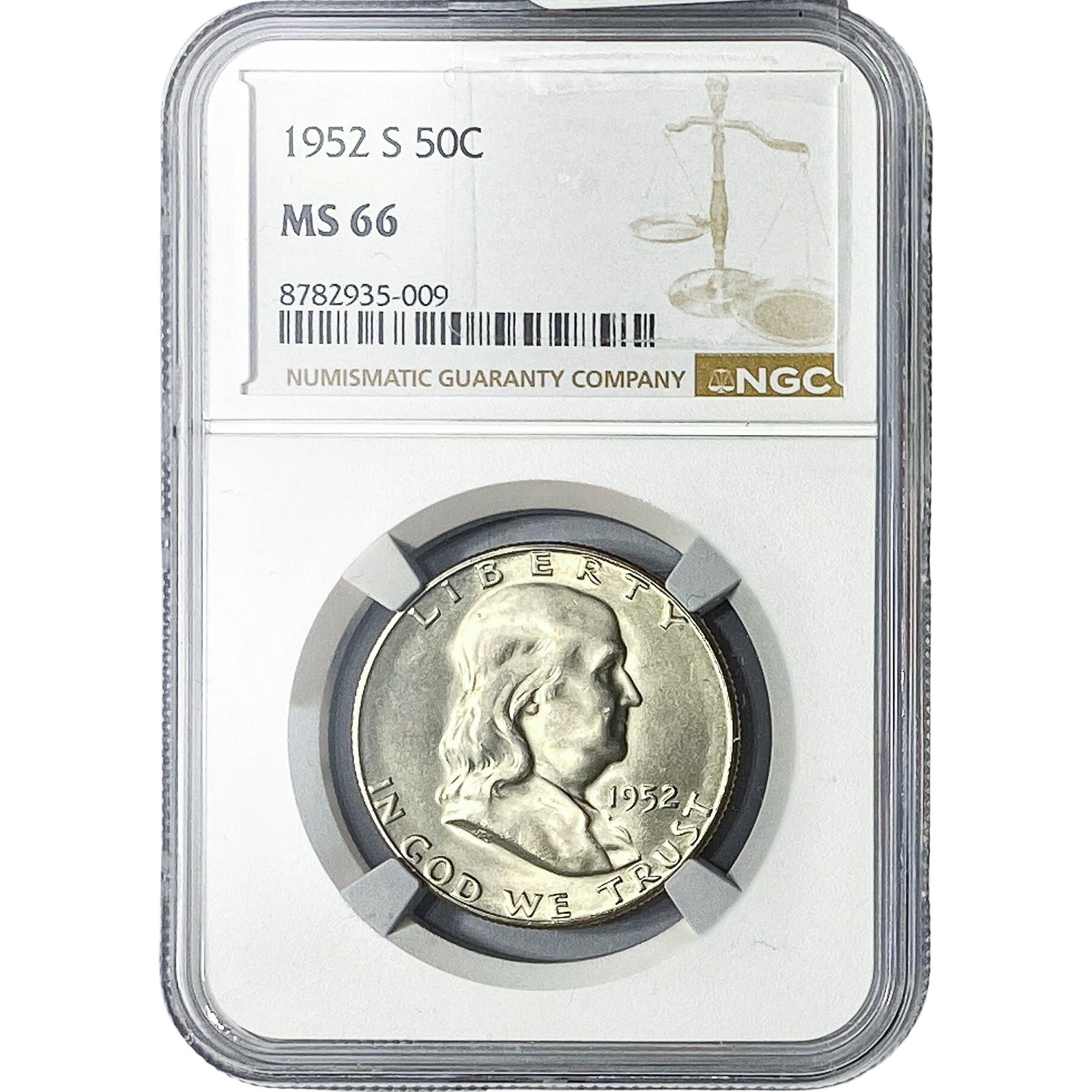 1952-S Franklin Half Dollar NGC MS66: 1952-S Franklin Half Dollar NGC MS66