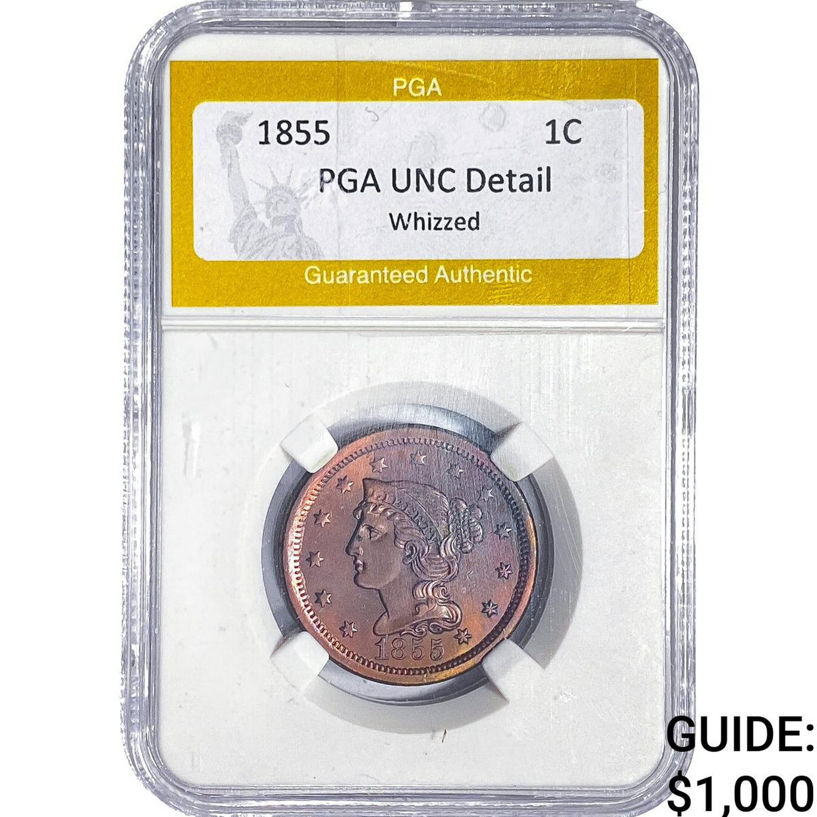 1855 Braided Hair Large Cent PGA UNC Detail Whizzed: 1855 Braided Hair Large Cent PGA UNC Detail Whizzed