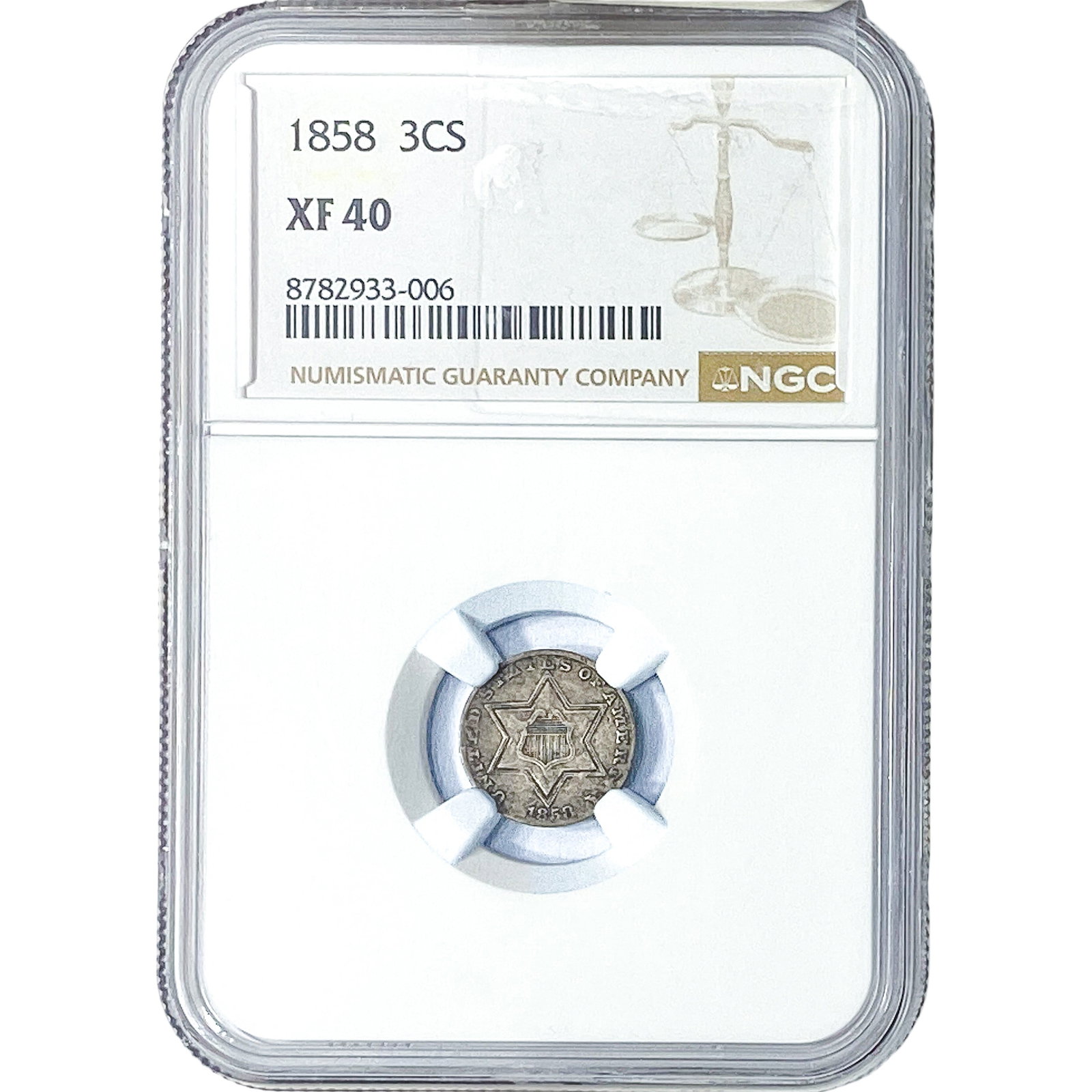 1858 Silver Three Cent NGC XF40: 1858 Silver Three Cent NGC XF40