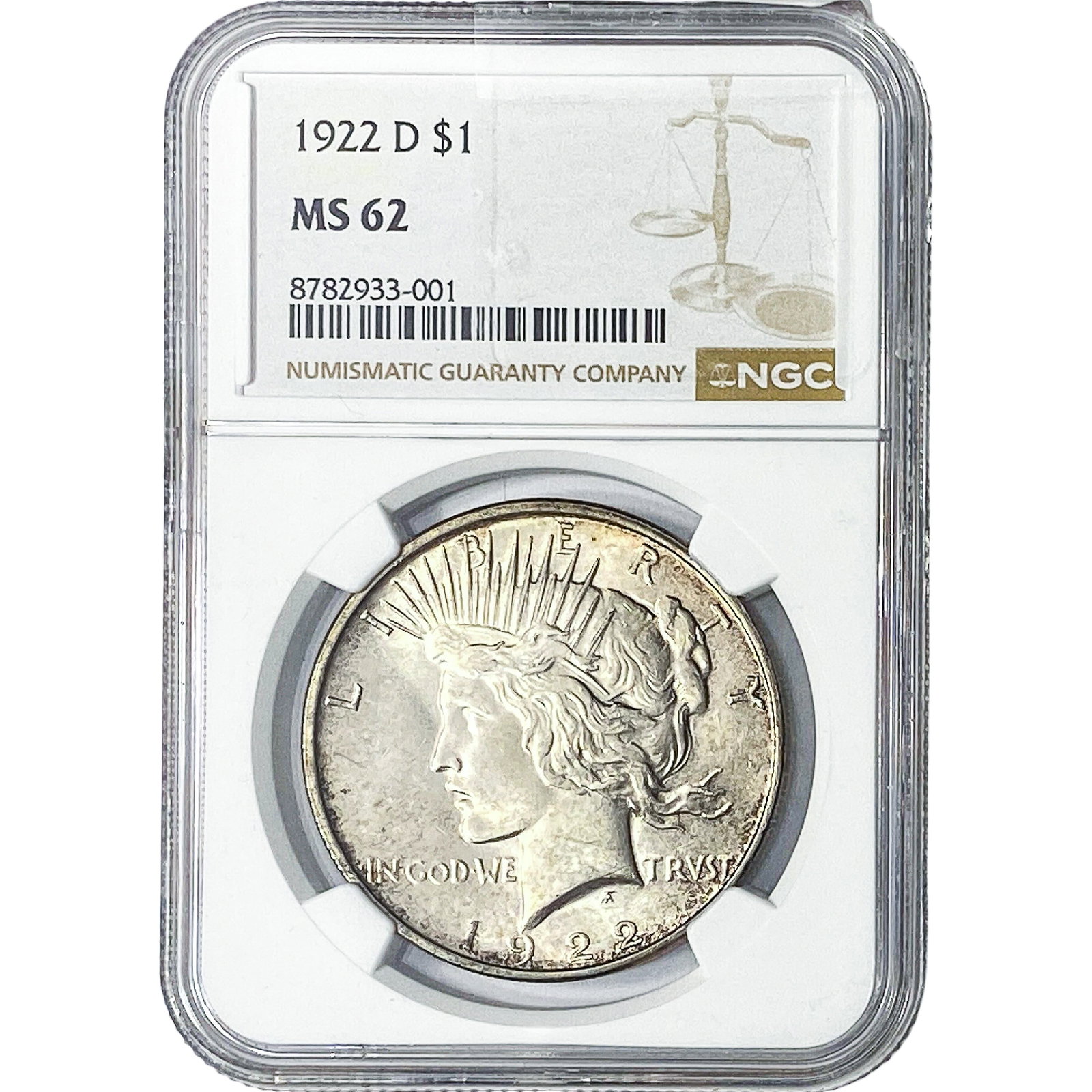 1922-D Silver Peace Dollar NGC MS62: 1922-D Silver Peace Dollar NGC MS62