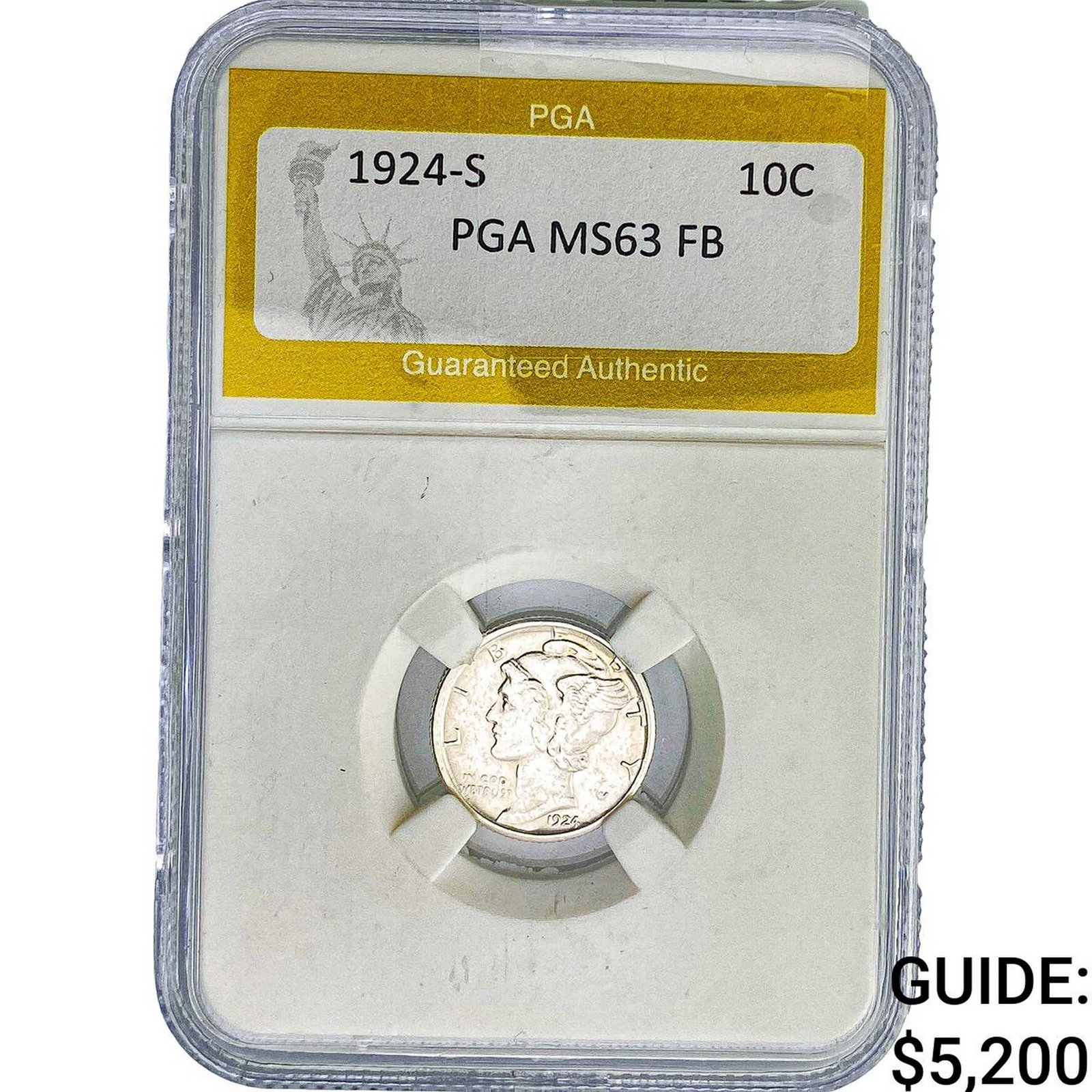 1924-S Mercury Silver Dime PGA MS63 FB: 1924-S Mercury Silver Dime PGA MS63 FB