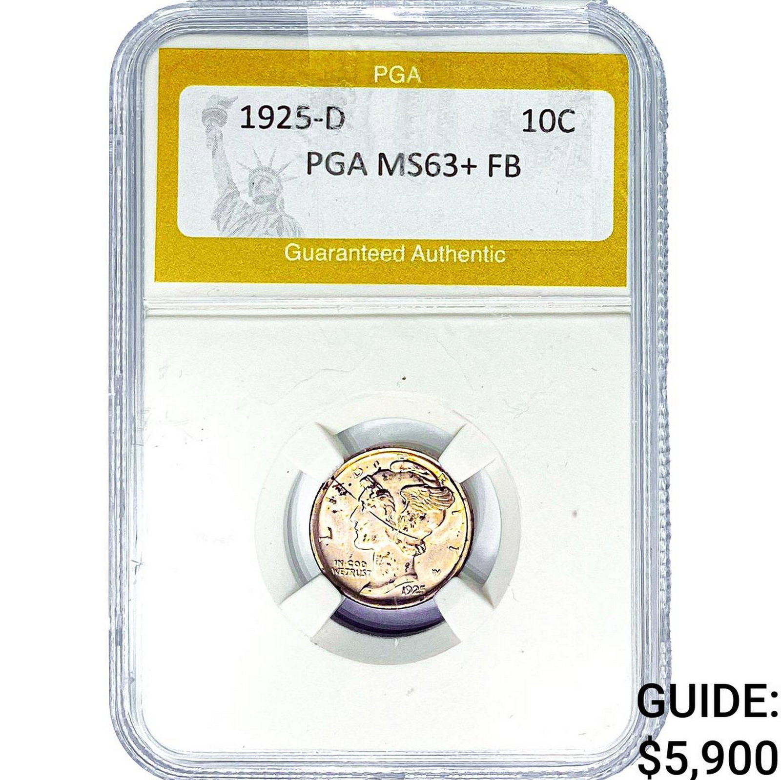 1925-D Mercury Silver Dime PGA MS63+ FB: 1925-D Mercury Silver Dime PGA MS63+ FB