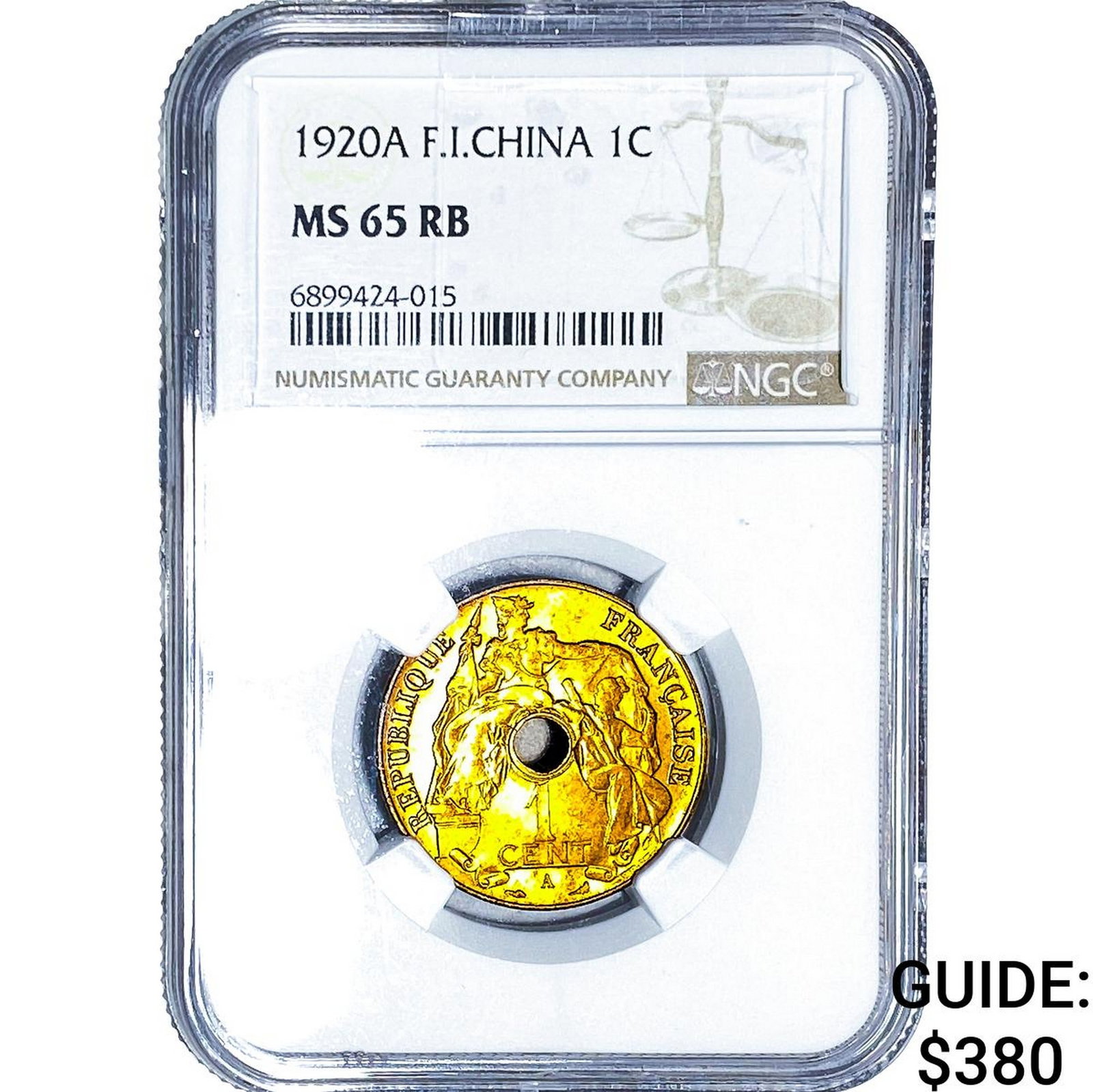 1920A French Indochina1 Cent NGC MS65 RB: 1920A French Indochina1 Cent NGC MS65 RB