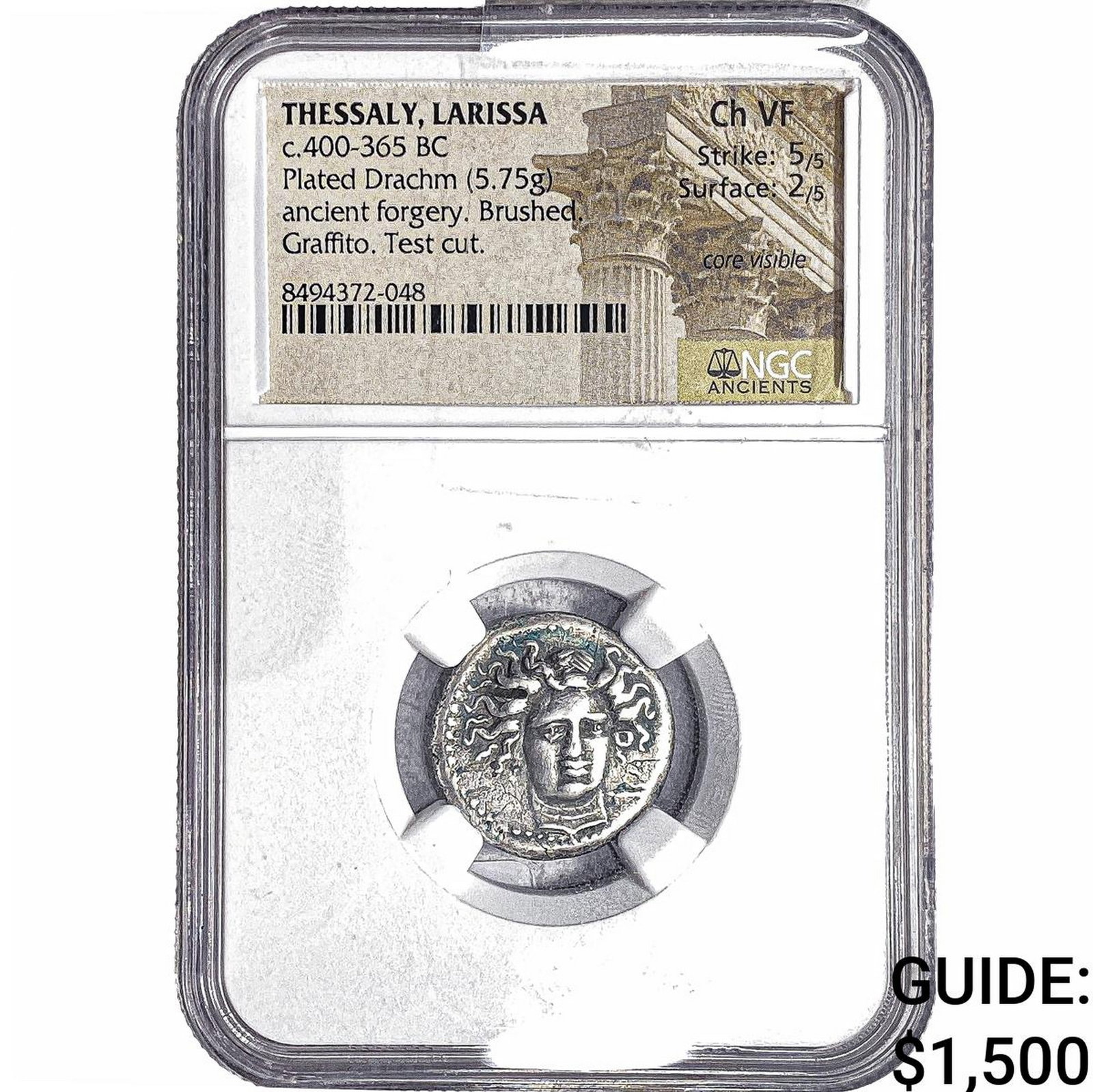 Thessaly, Larissa 400-365 BC Silver Plated "Fouree" Drachm NGC Ch VF Graffito, Test Cut: Thessaly, Larissa 400-365 BC Silver Plated "Fouree" Drachm NGC Ch VF Graffito, Test Cut