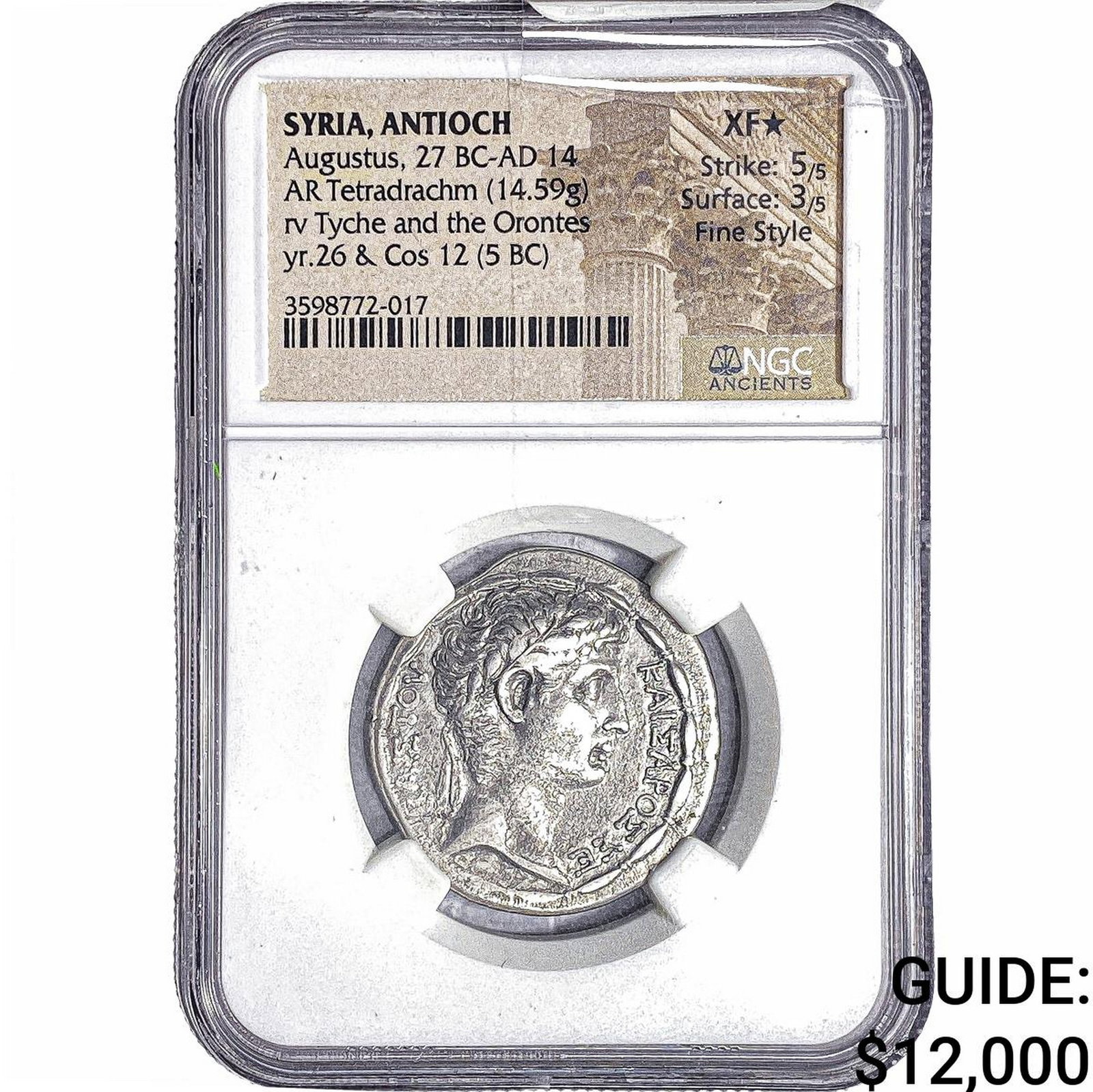 5 BC Antioch, Syria Augustus Tetradrachm yr. 26 NGC XF Fine Style * (1 of 2)
