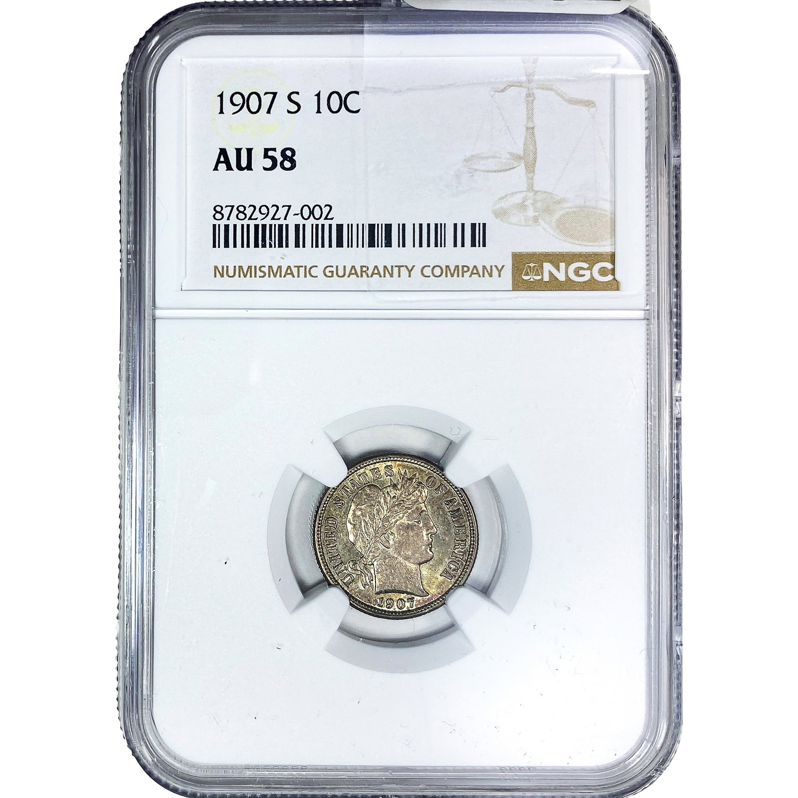 1907-S Mercury Silver Dime NGC AU58: 1907-S Mercury Silver Dime NGC AU58