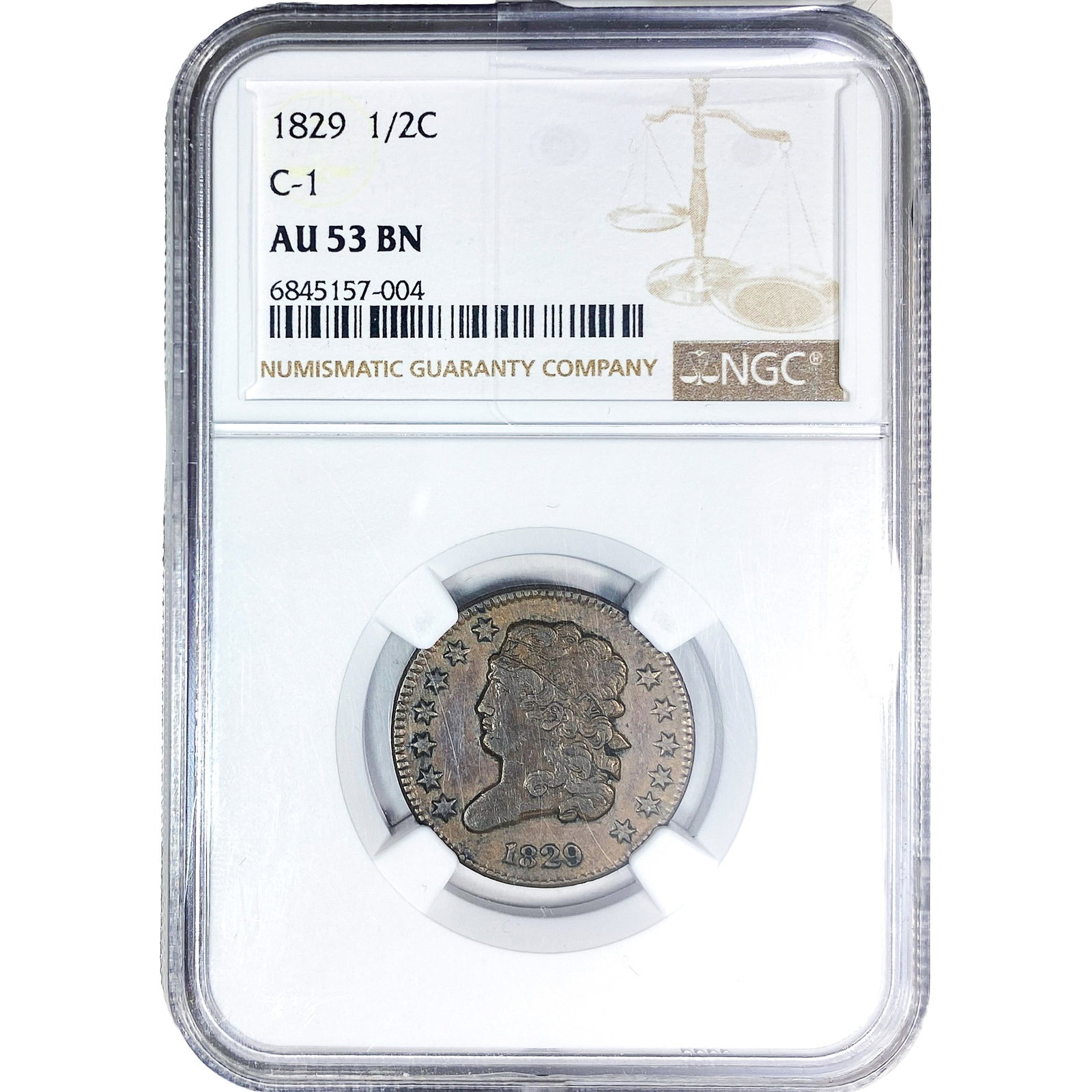 1829 Classic Head Half Cent NGC AU58 BN: 1829 Classic Head Half Cent NGC AU58 BN