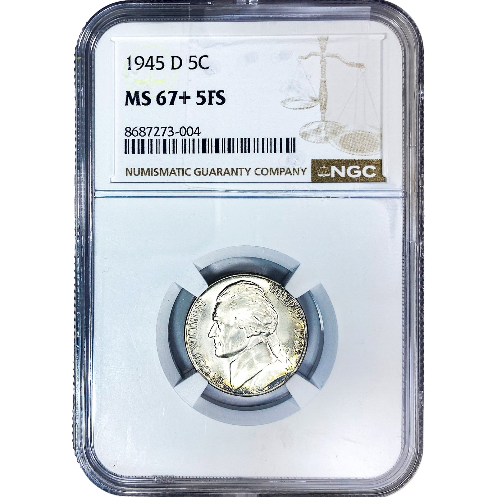 1945-D Jefferson Nickel NGC MS67+ 5FS: 1945-D Jefferson Nickel NGC MS67+ 5FS