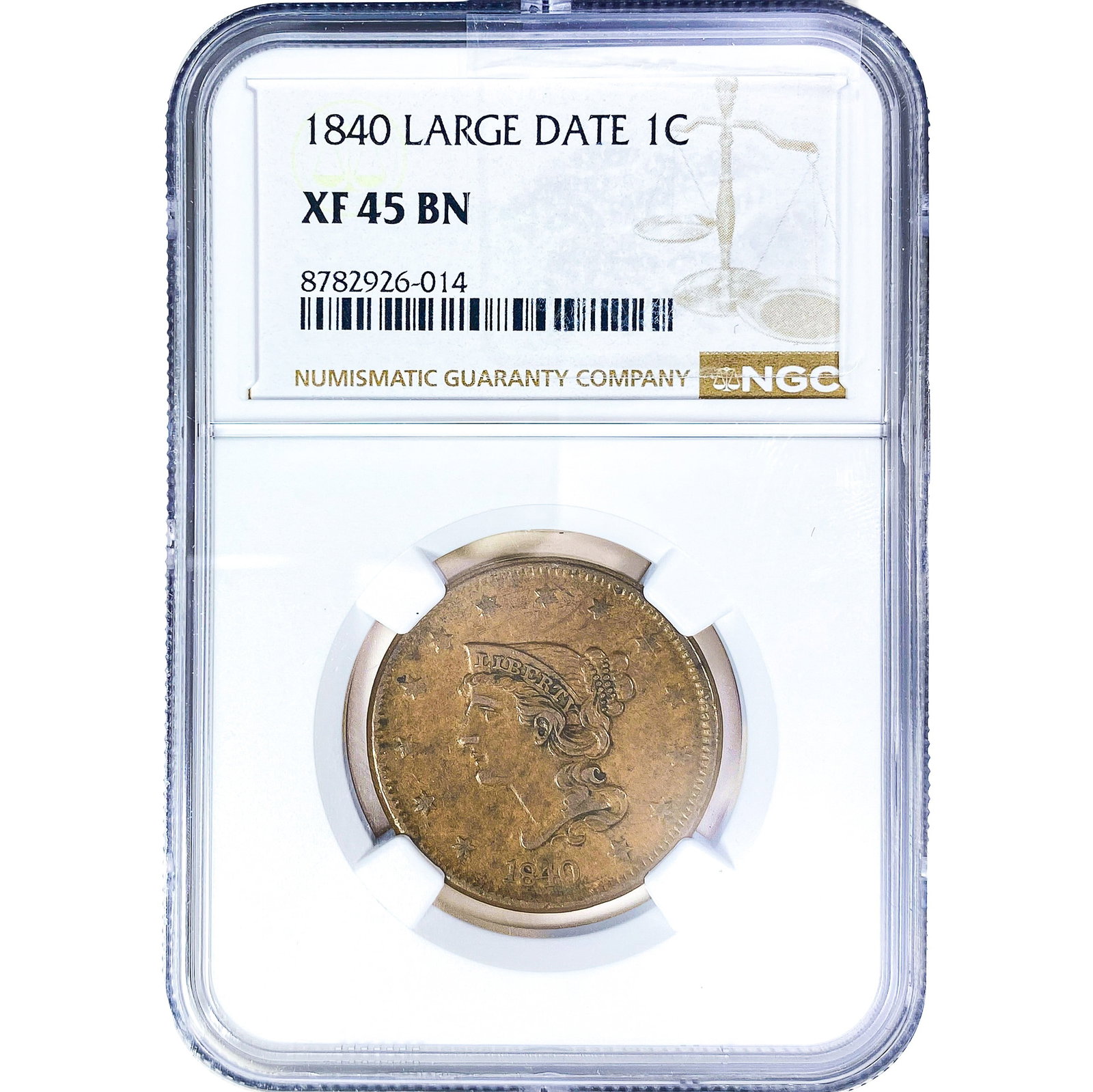 1840 Braided Hair Large Cent NGC XF45 BN: 1840 Braided Hair Large Cent NGC XF45 BN