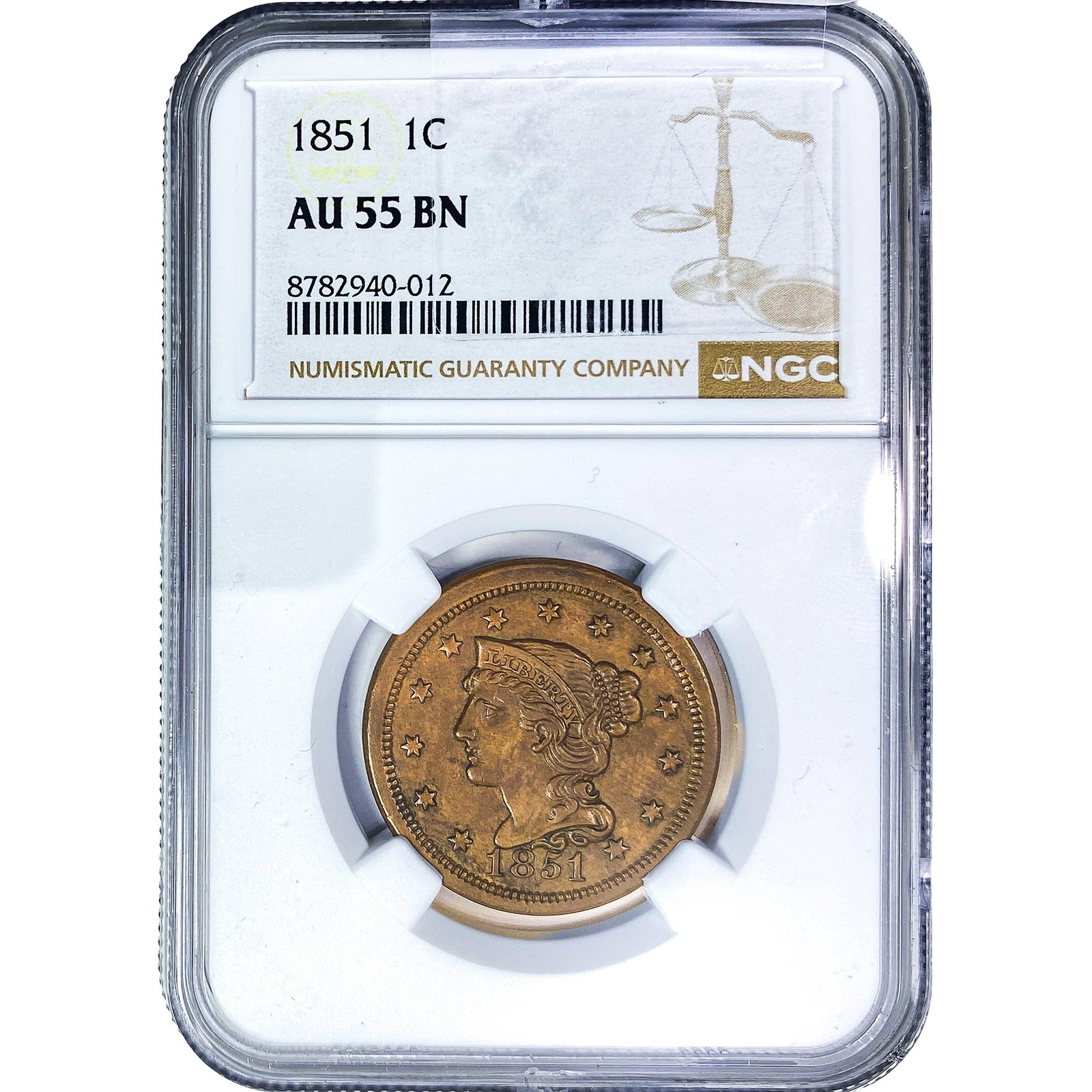1851 Braided Hair Large Cent NGC AU55 BN: 1851 Braided Hair Large Cent NGC AU55 BN