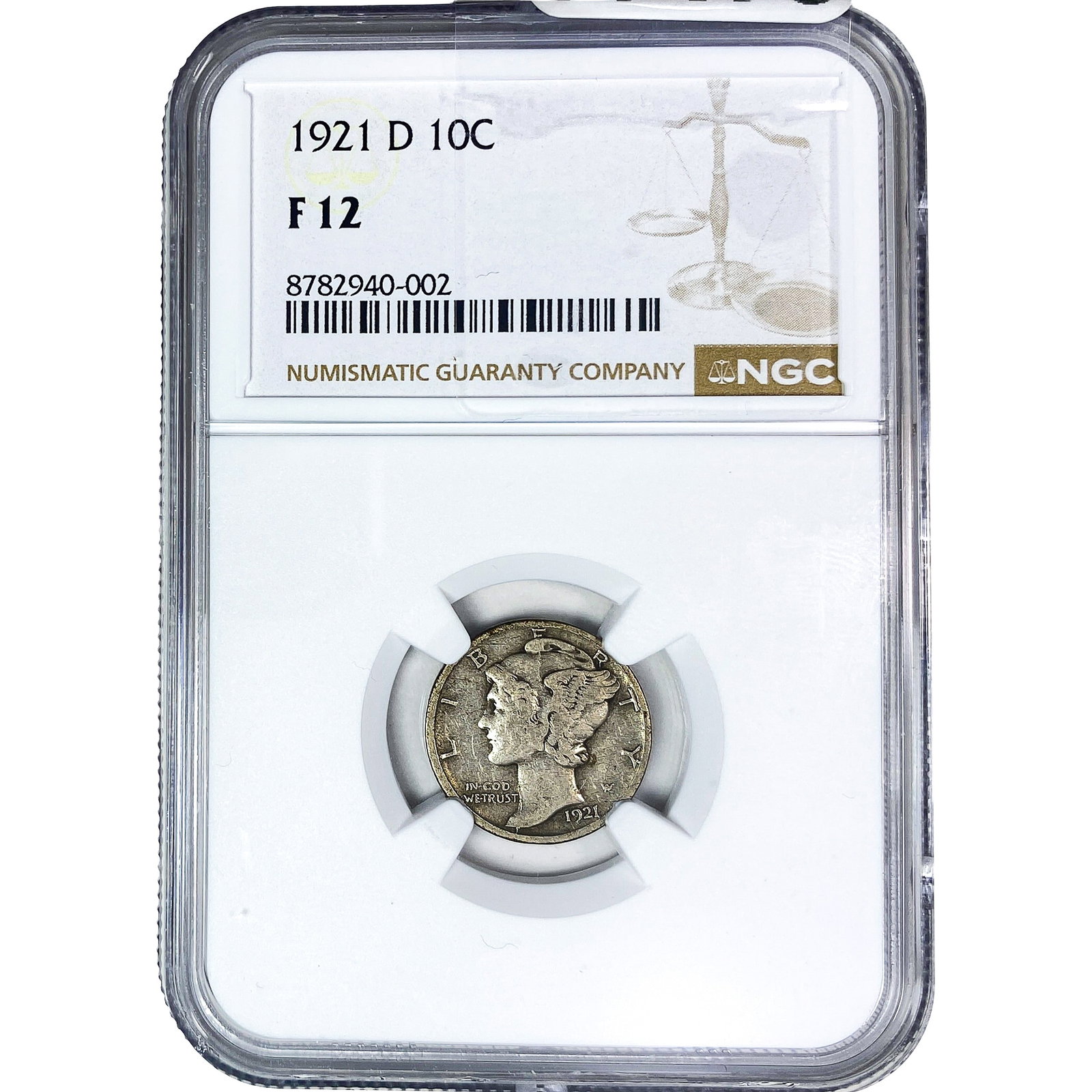 1921-D Mercury Silver Dime NGC F12: 1921-D Mercury Silver Dime NGC F12