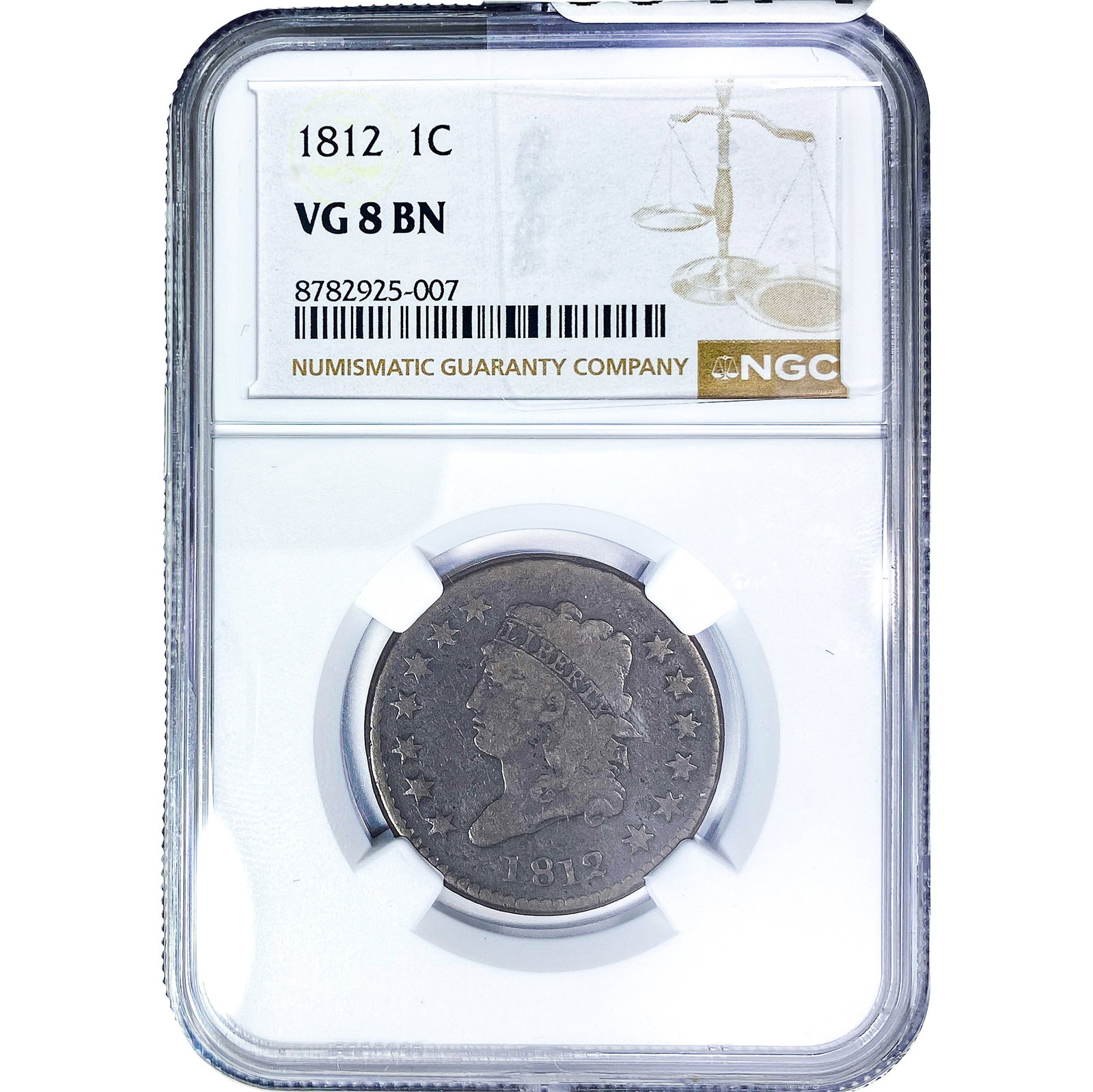 1812 Classic Head Large Cent NGC VG8 BN: 1812 Classic Head Large Cent NGC VG8 BN