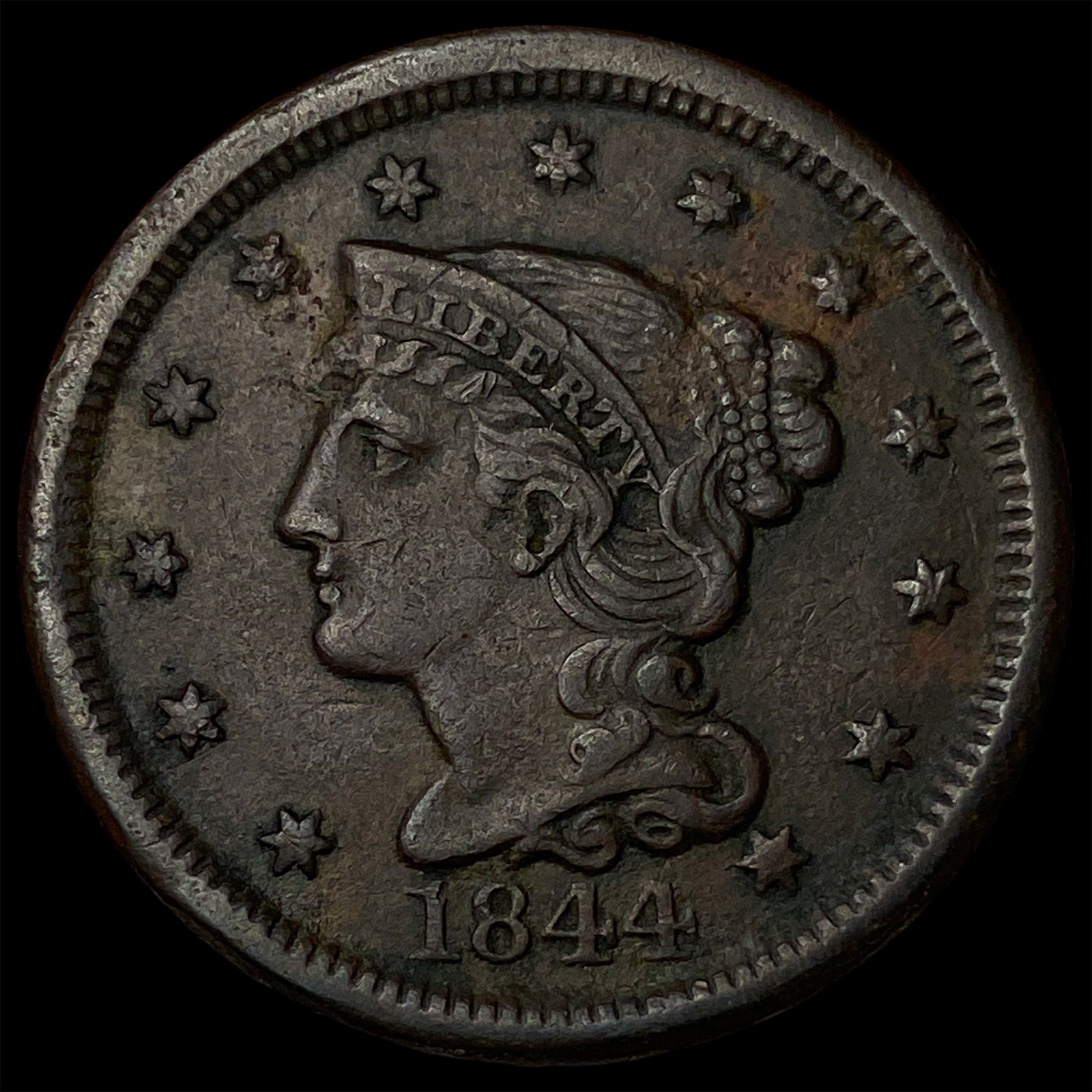 1844 Braided Hair Large Cent NEARLY UNCIRCULATED: 1844 Braided Hair Large Cent NEARLY UNCIRCULATED