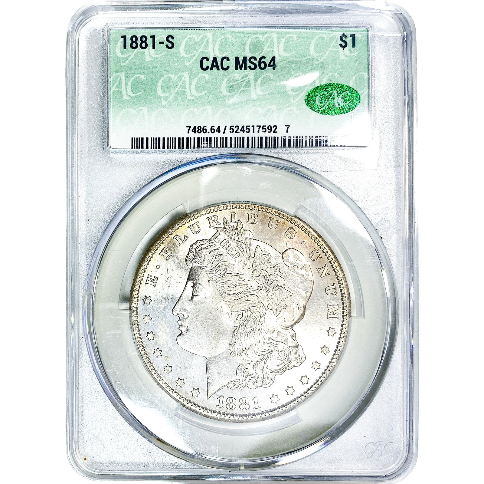 1881-S Morgan Silver Dollar CAC MS64: 1881-S Morgan Silver Dollar CAC MS64