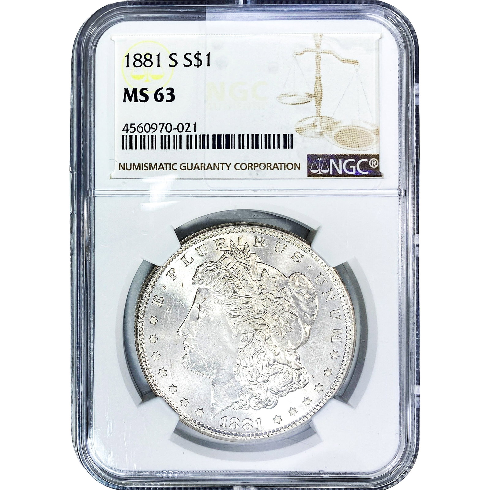 1881-S Morgan Silver Dollar NGC MS63: 1881-S Morgan Silver Dollar NGC MS63