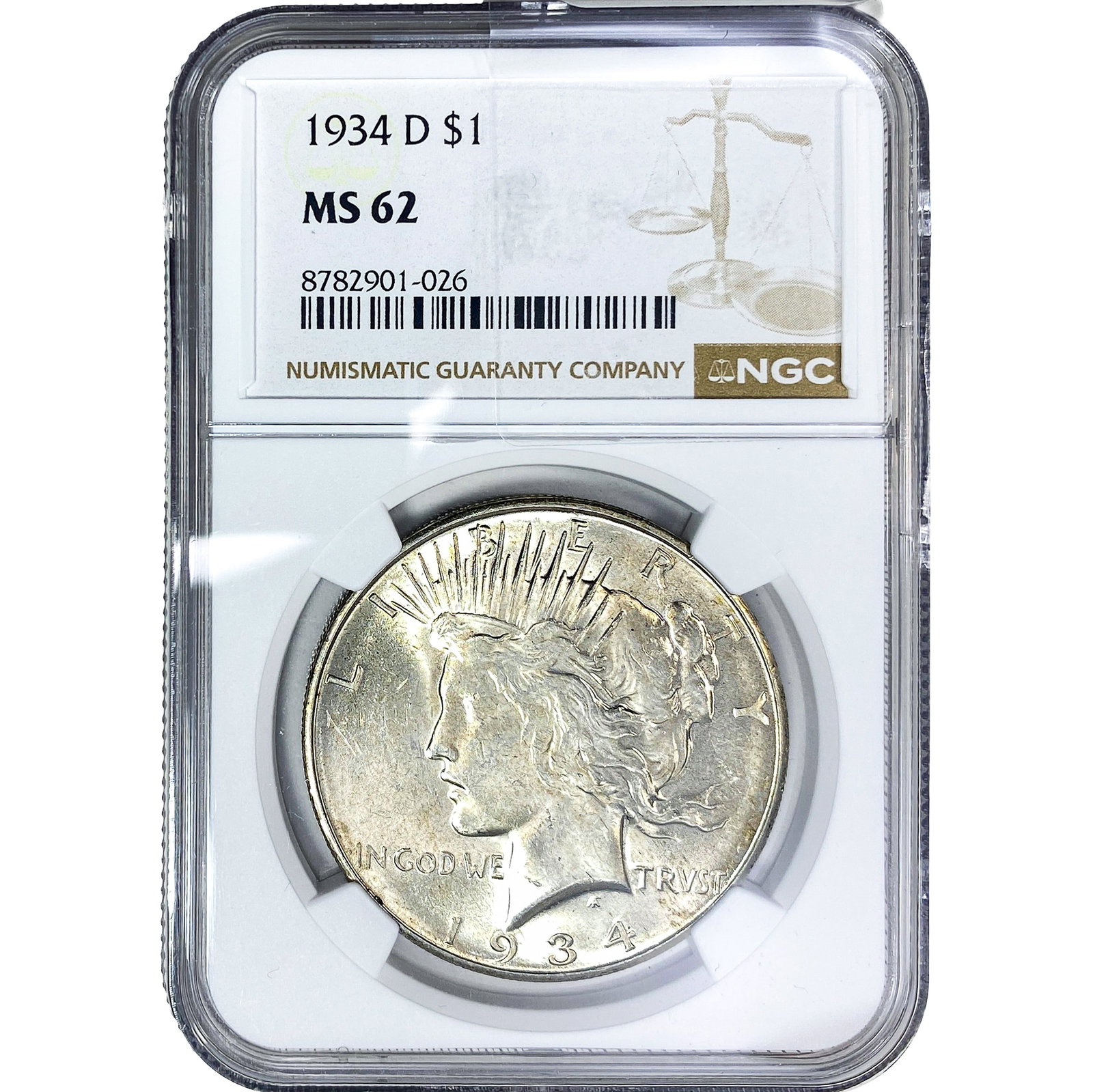 1934-D Silver Peace Dollar NGC MS62: 1934-D Silver Peace Dollar NGC MS62
