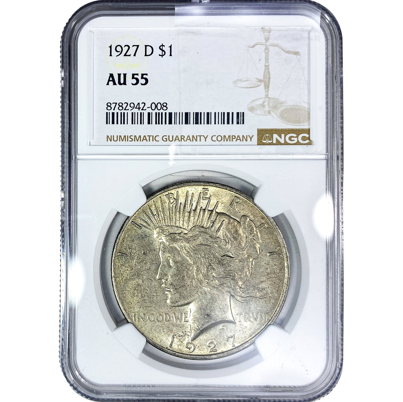 1927-D Silver Peace Dollar NGC AU55: 1927-D Silver Peace Dollar NGC AU55