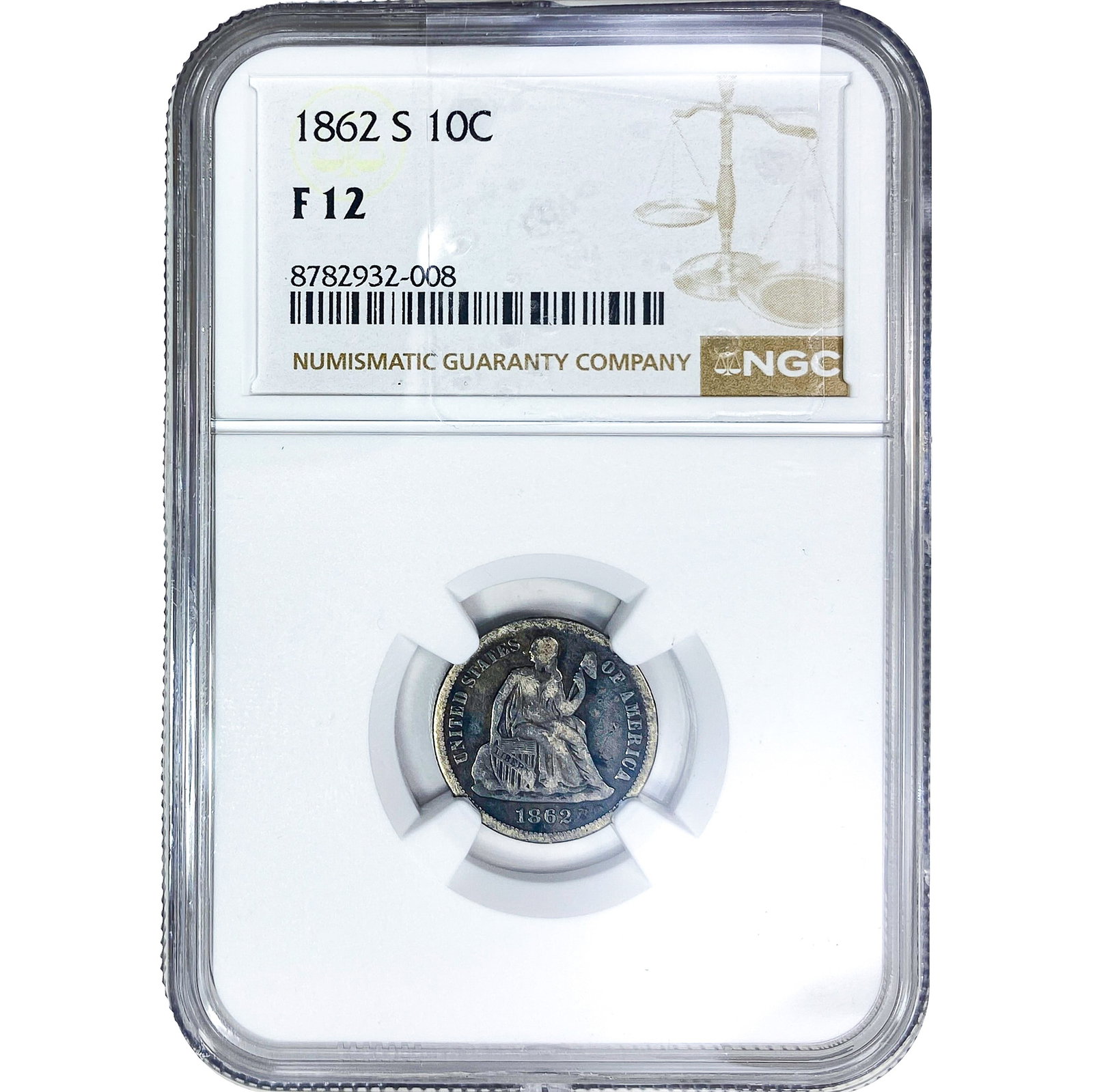 1862-S Seated Liberty Dime NGC F12: 1862-S Seated Liberty Dime NGC F12