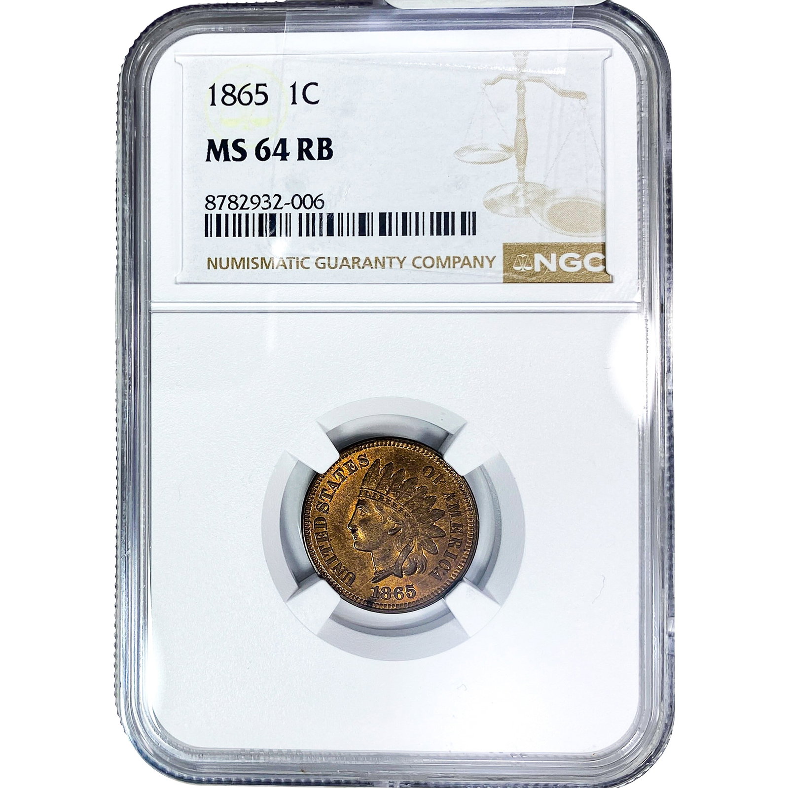 1865 Indian Head Cent NGC MS64 RB: 1865 Indian Head Cent NGC MS64 RB