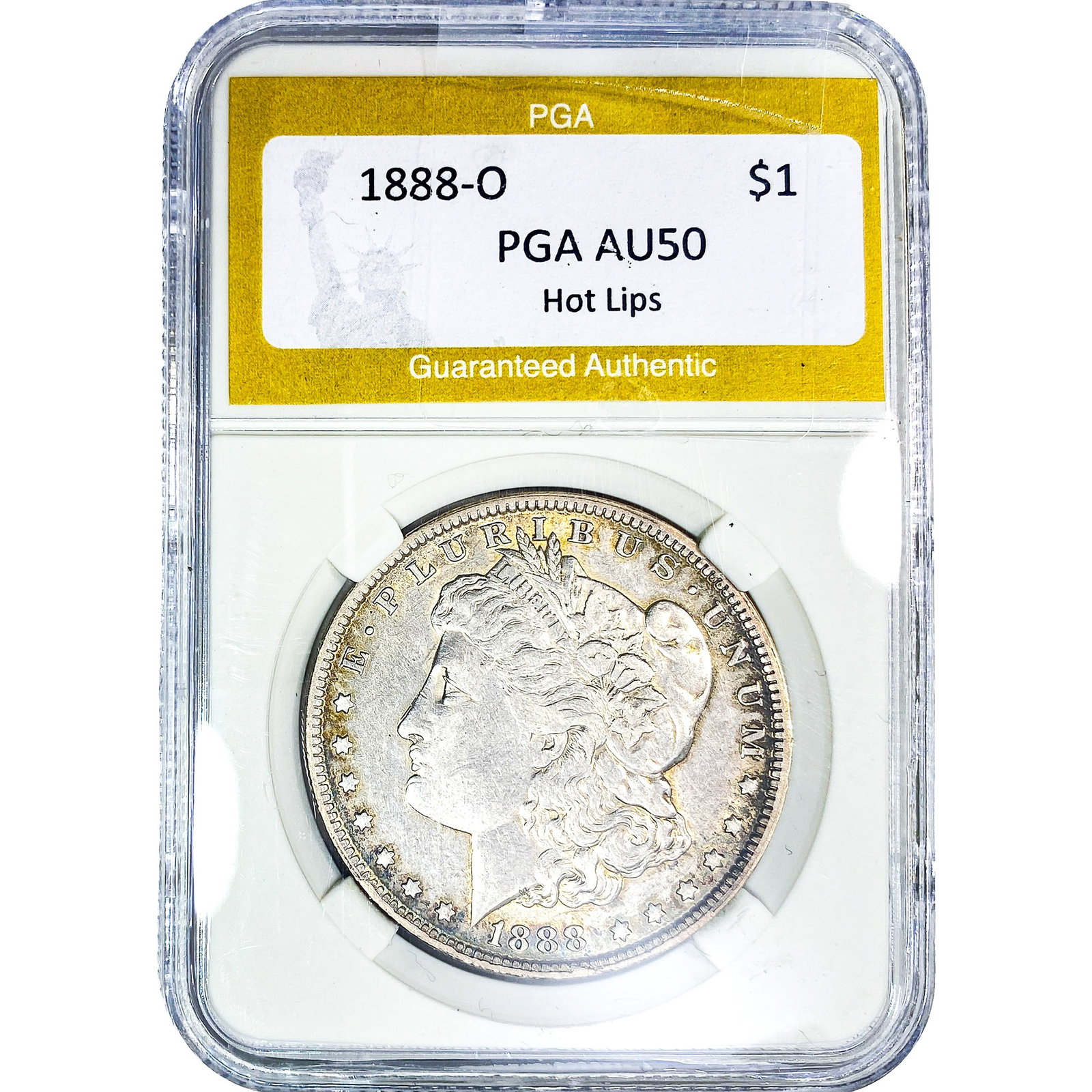 1888-O Morgan Silver Dollar PGA AU50 Hot Lips: 1888-O Morgan Silver Dollar PGA AU50 Hot Lips
