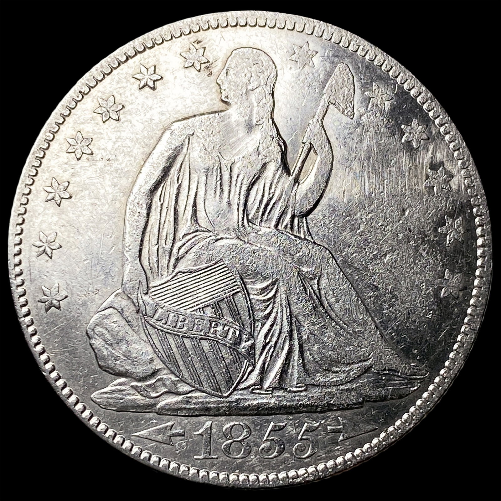 1855-O Arrows Silver Seated Liberty Half Dollar CLOSELY UNCIRCULATED: 1855-O Arrows Silver Seated Liberty Half Dollar CLOSELY UNCIRCULATED