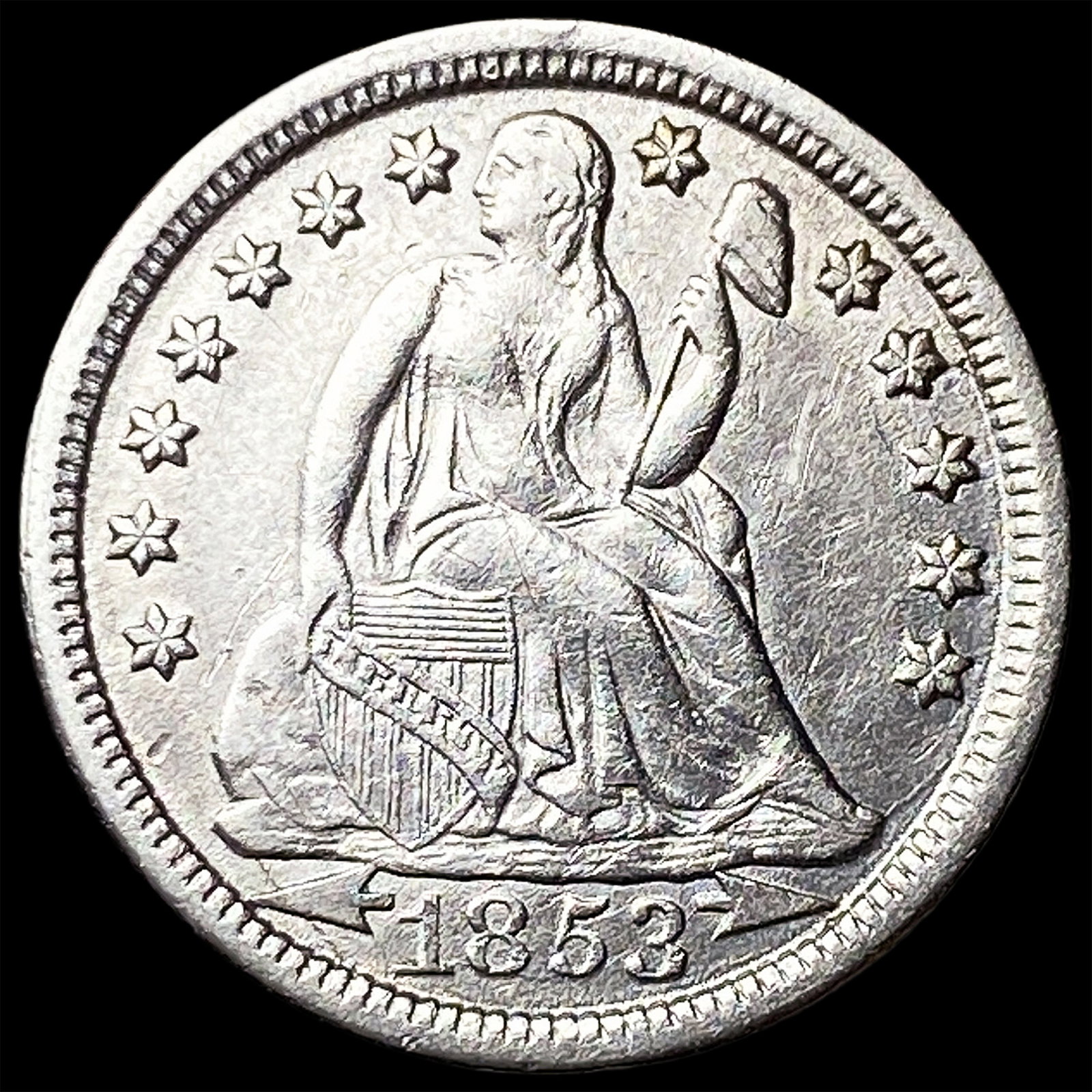 1853 Arrows Seated Liberty Dime CLOSELY UNCIRCULATED: 1853 Arrows Seated Liberty Dime CLOSELY UNCIRCULATED