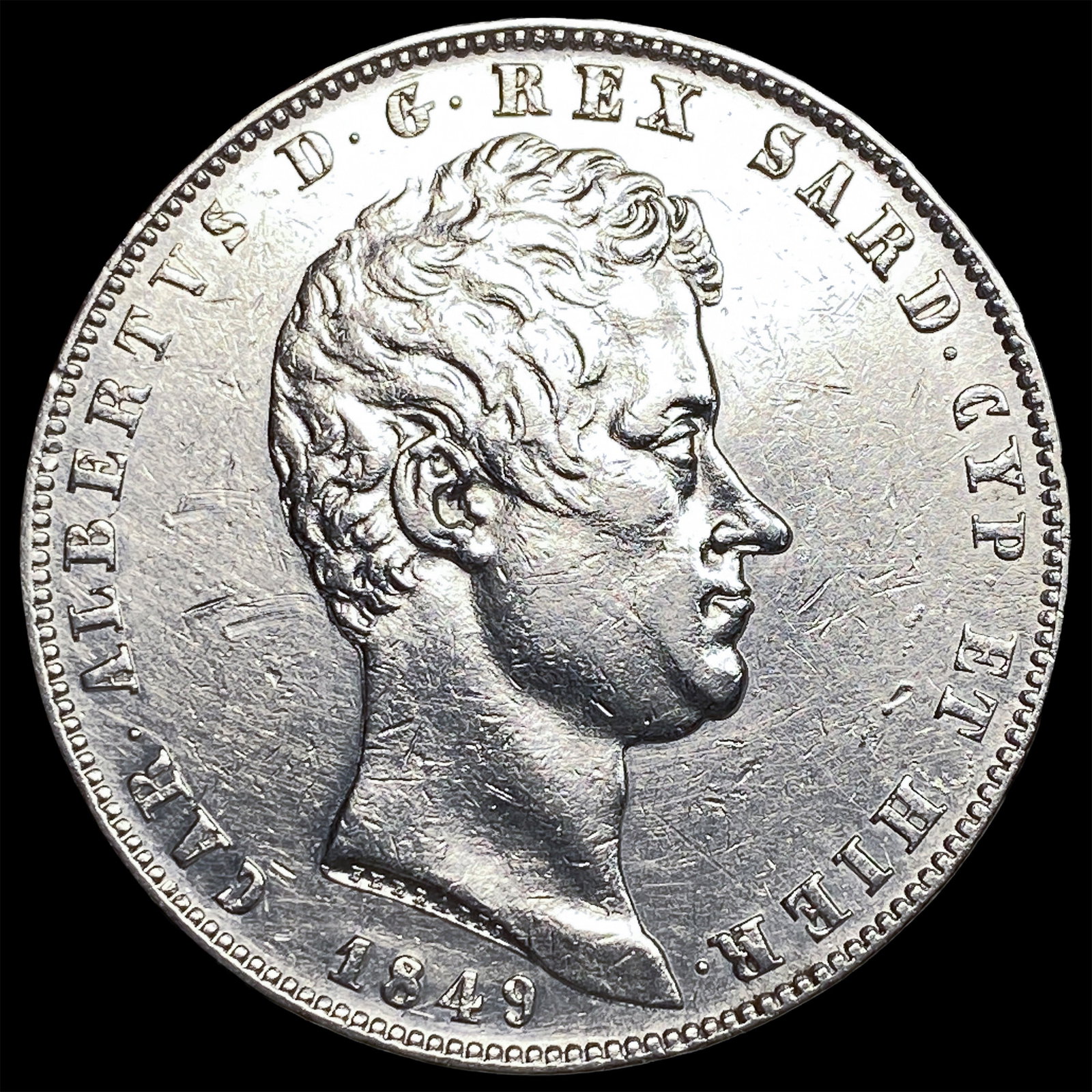 1849 Italian States Sardinia Silver 5 Lire CLOSELY UNCIRCULATED: 1849 Italian States Sardinia Silver 5 Lire CLOSELY UNCIRCULATED