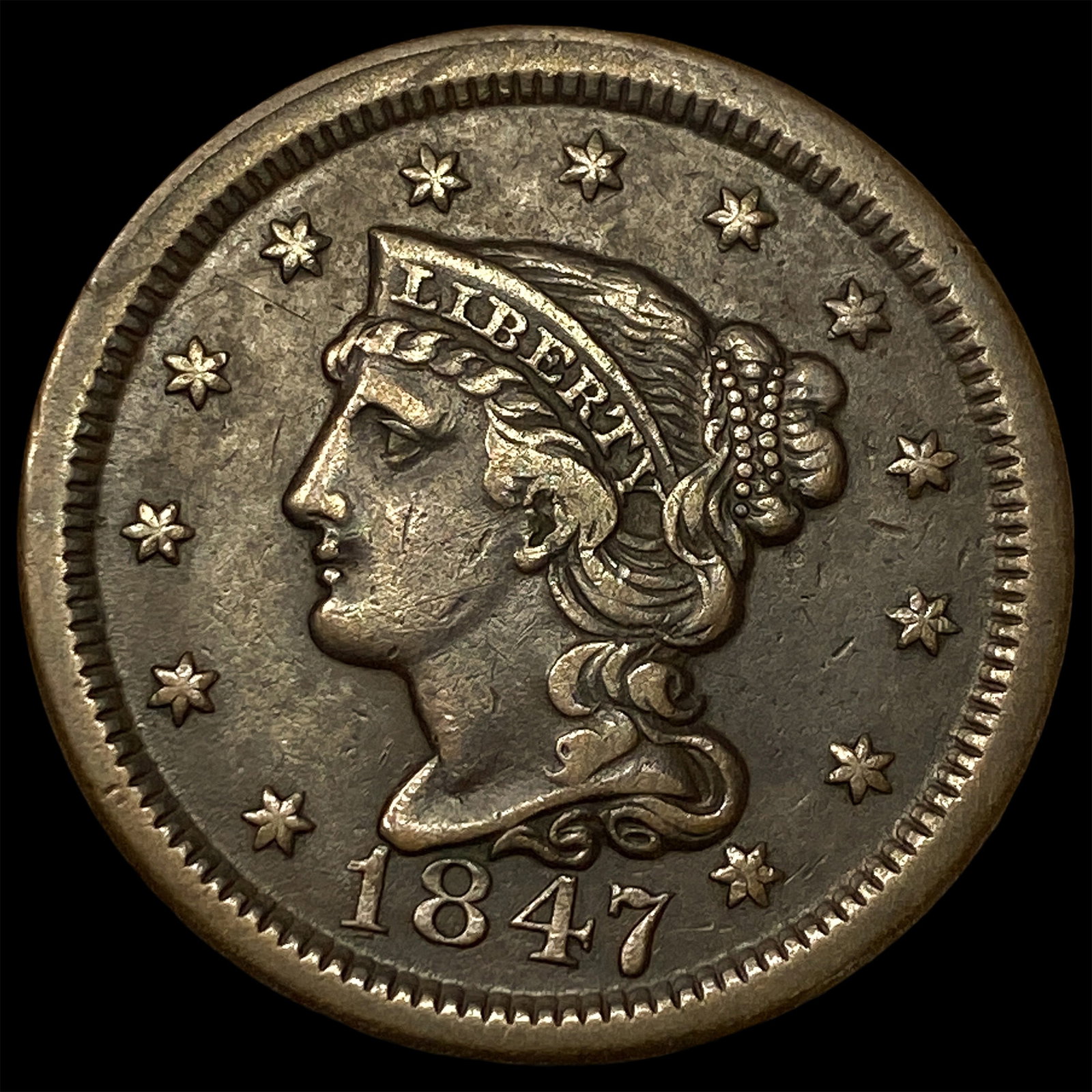 1847 Braided Hair Large Cent NEARLY UNCIRCULATED: 1847 Braided Hair Large Cent NEARLY UNCIRCULATED