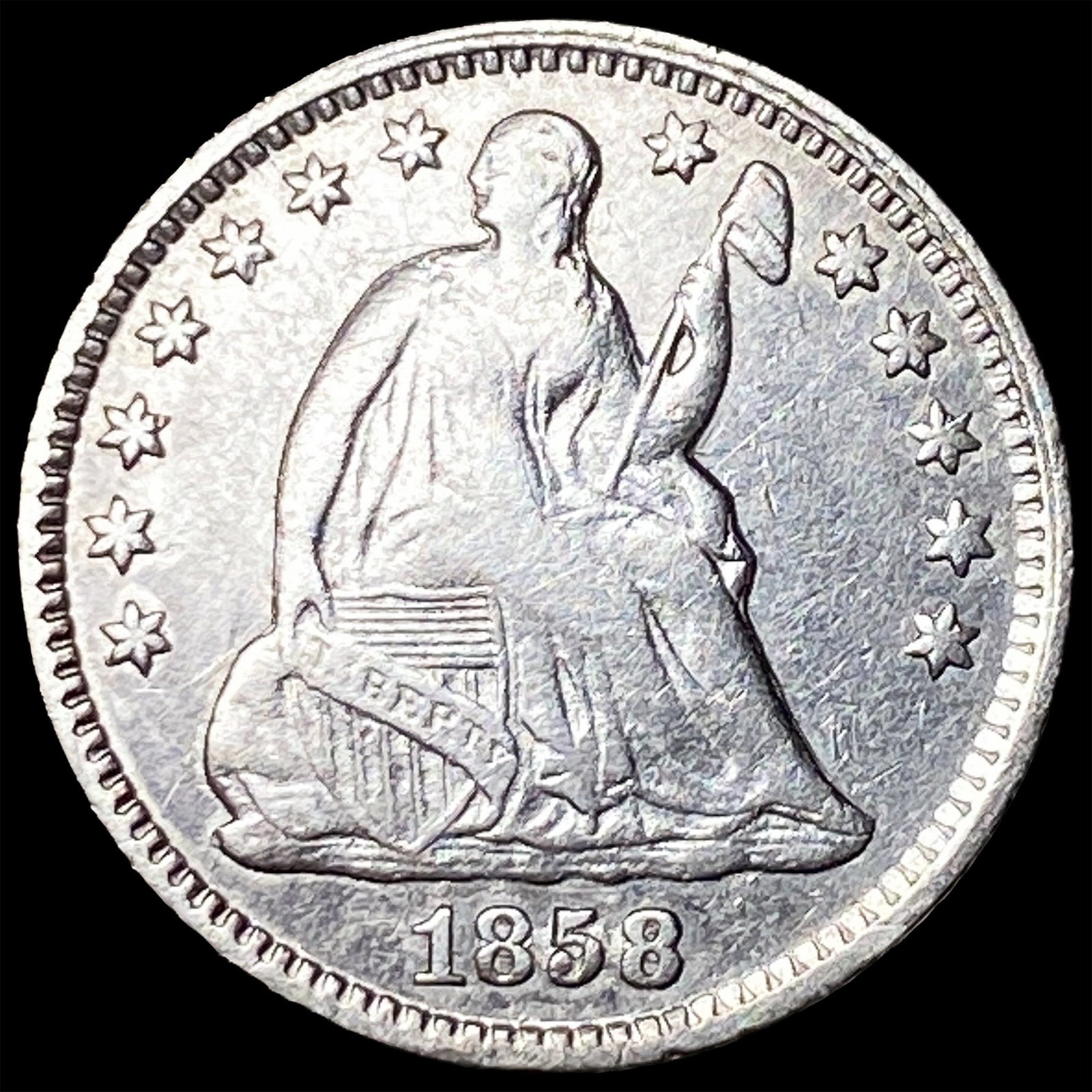 1858 Silver Seated Liberty Half Dime NEARLY UNCIRCULATED: 1858 Silver Seated Liberty Half Dime NEARLY UNCIRCULATED