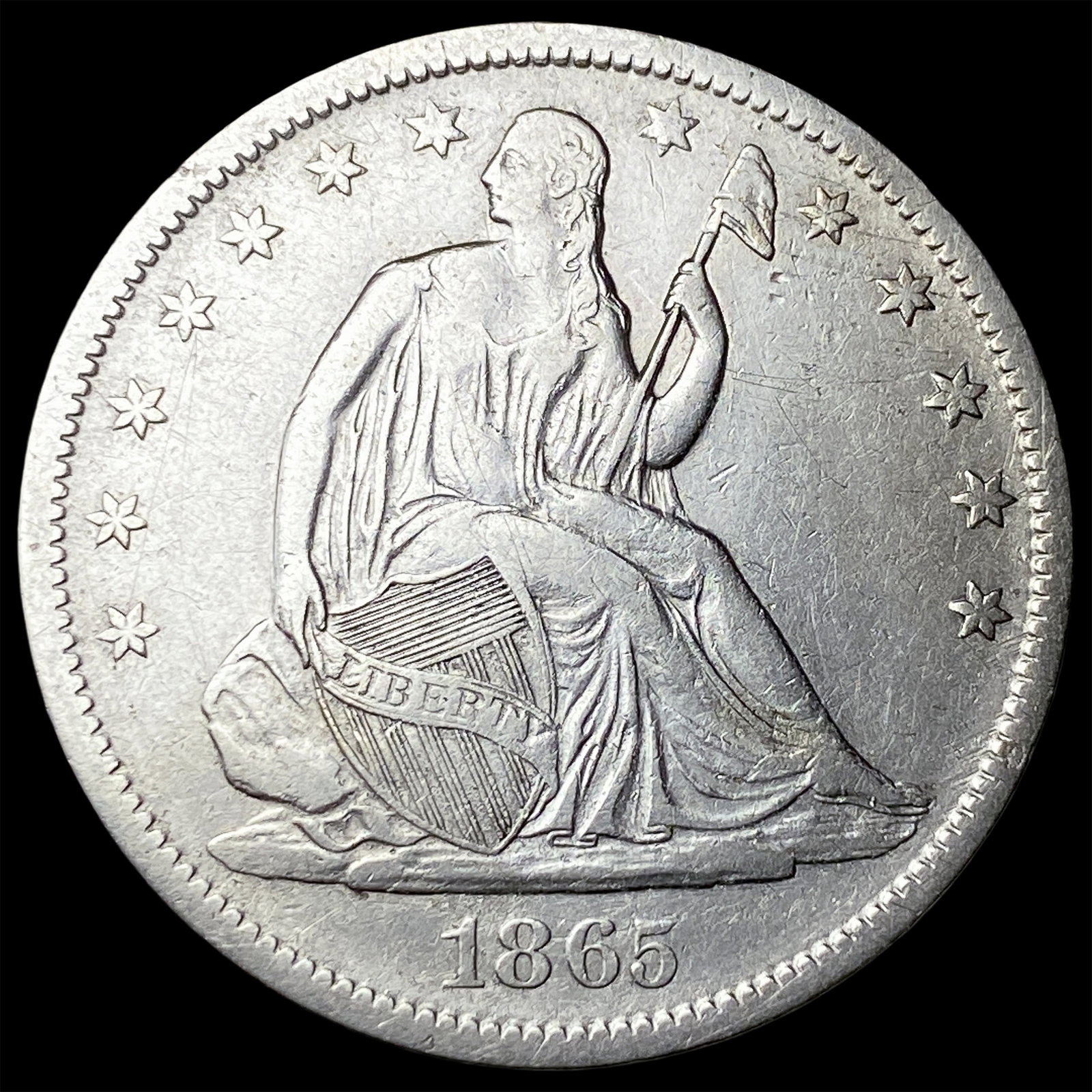 1865-S Silver Seated Liberty Half Dollar CLOSELY UNCIRCULATED: 1865-S Silver Seated Liberty Half Dollar CLOSELY UNCIRCULATED