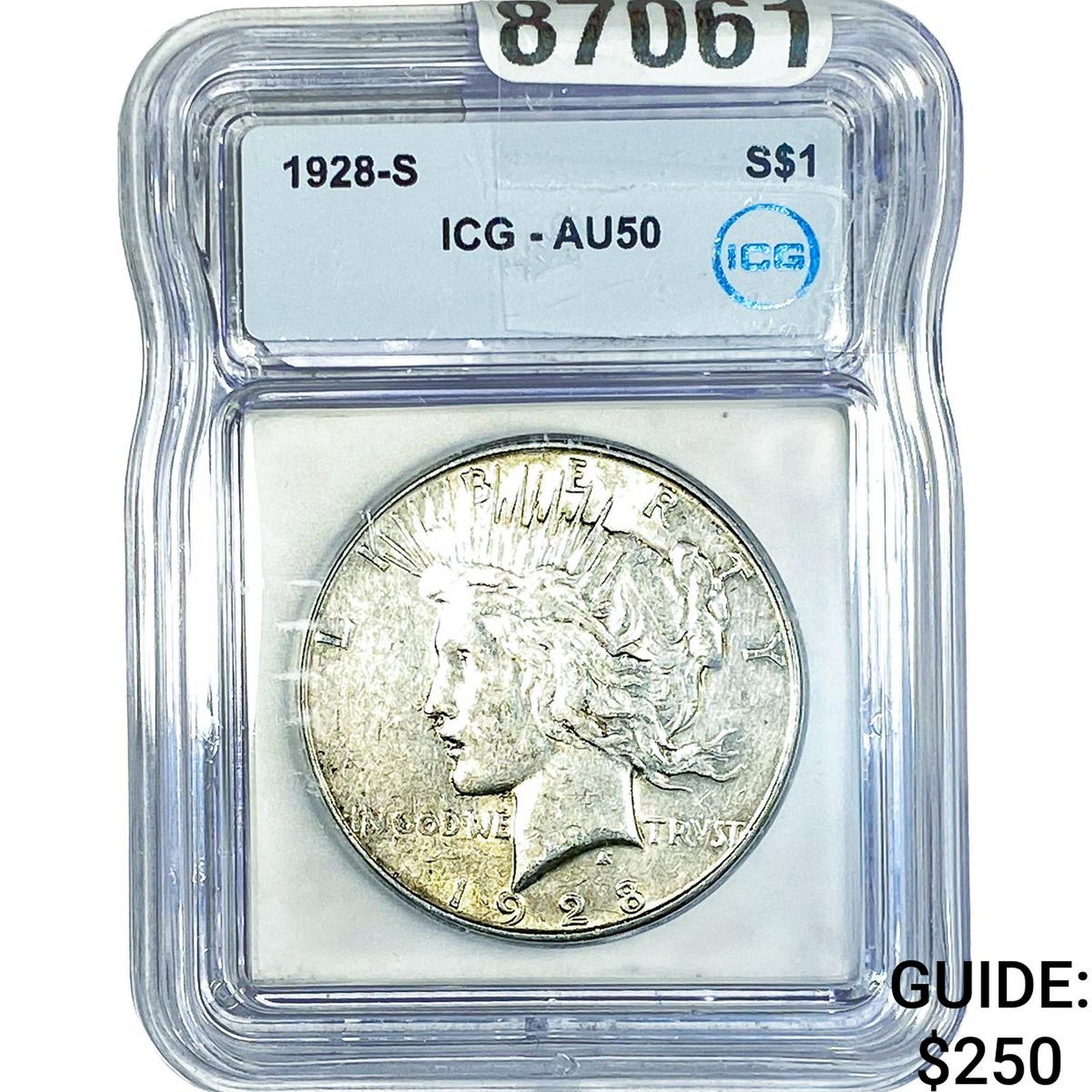 1928-S Silver Peace Dollar ICG AU50: 1928-S Silver Peace Dollar ICG AU50