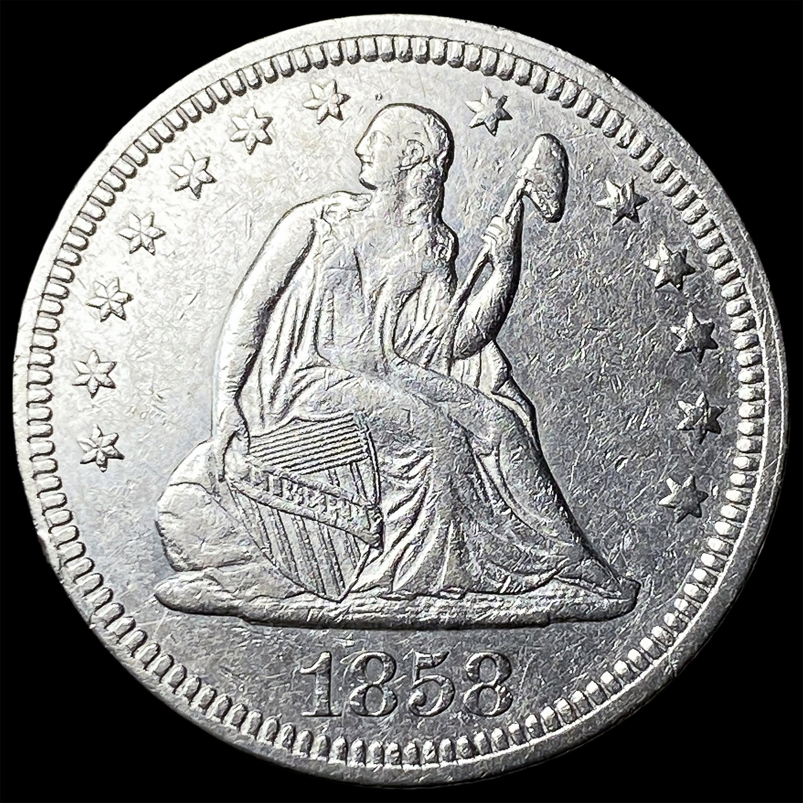 1858 Seated Liberty Quarter NEARLY UNCIRCULATED: 1858 Seated Liberty Quarter NEARLY UNCIRCULATED