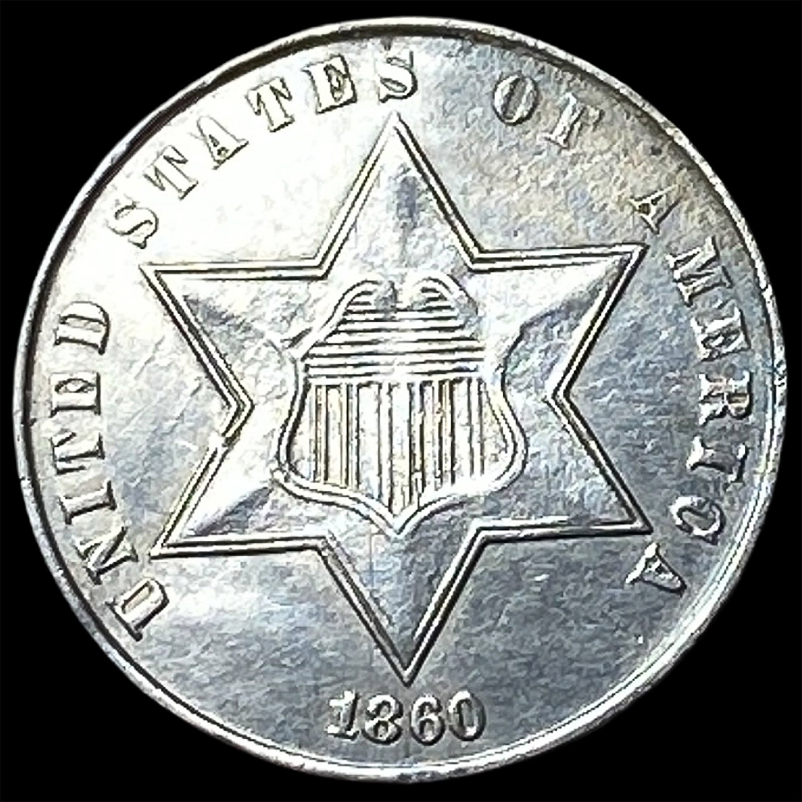 1860 Silver Three-Cent Piece CLOSELY UNCIRCULATED: 1860 Silver Three-Cent Piece CLOSELY UNCIRCULATED