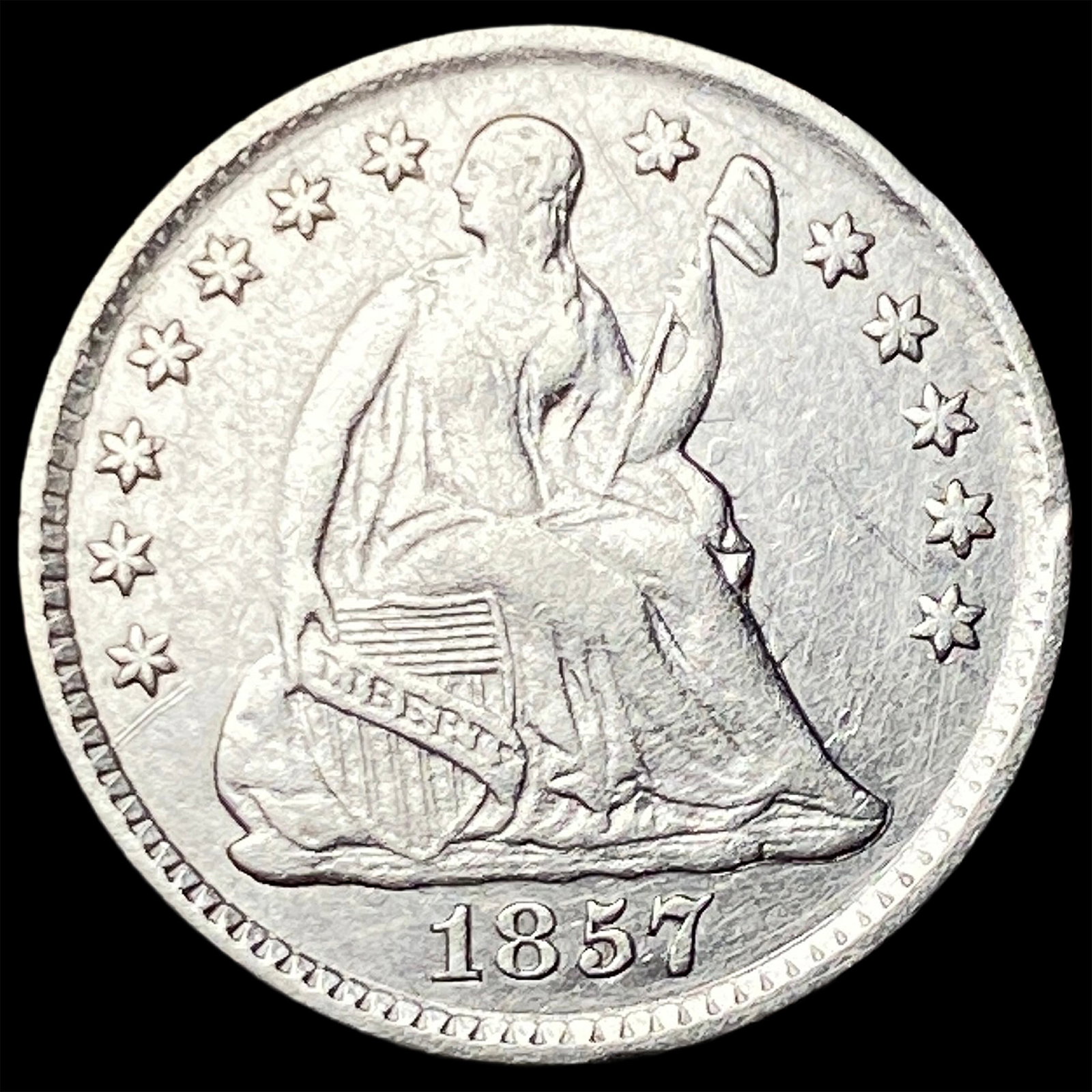 1857 Silver Seated Liberty Half Dime CLOSELY UNCIRCULATED: 1857 Silver Seated Liberty Half Dime CLOSELY UNCIRCULATED