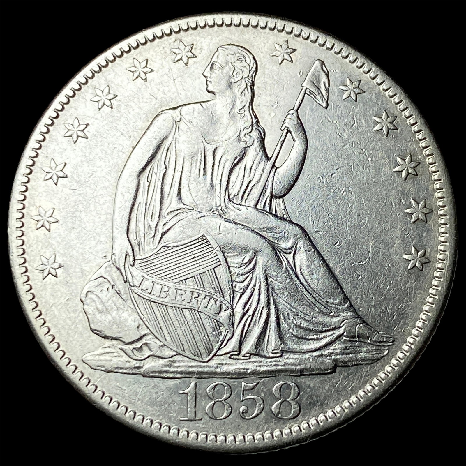 1858-O Silver Seated Liberty Half Dollar CLOSELY UNCIRCULATED: 1858-O Silver Seated Liberty Half Dollar CLOSELY UNCIRCULATED