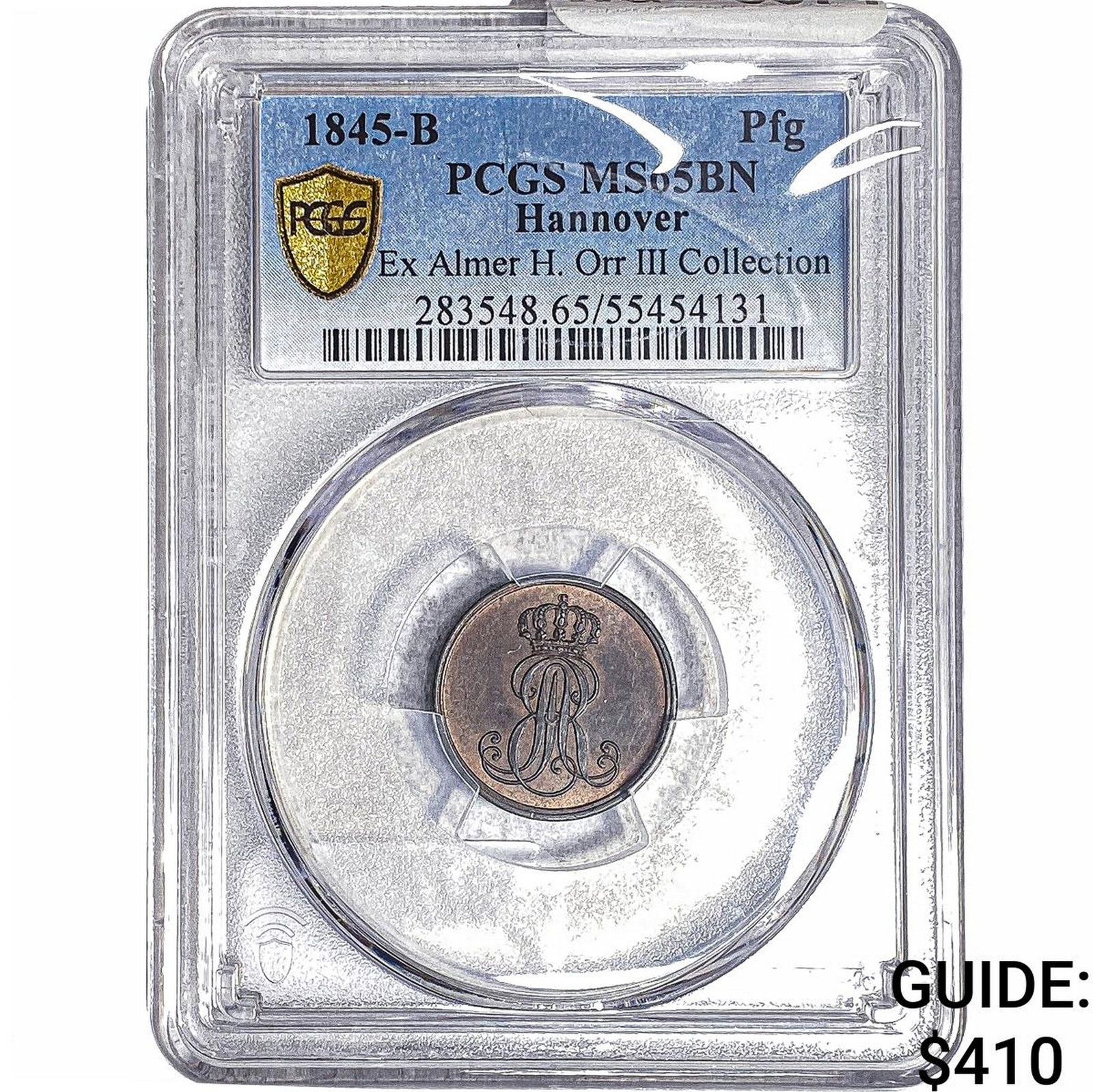 1845-B Hanover Copper 1 Pfennig PCGS MS65 BN: 1845-B Hanover Copper 1 Pfennig PCGS MS65 BN